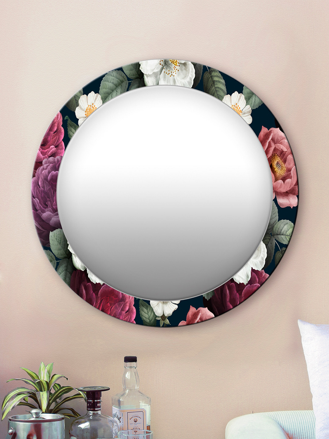 

999Store Multicoloured Floral Pattern Round MDF Wall Mirror, Multi