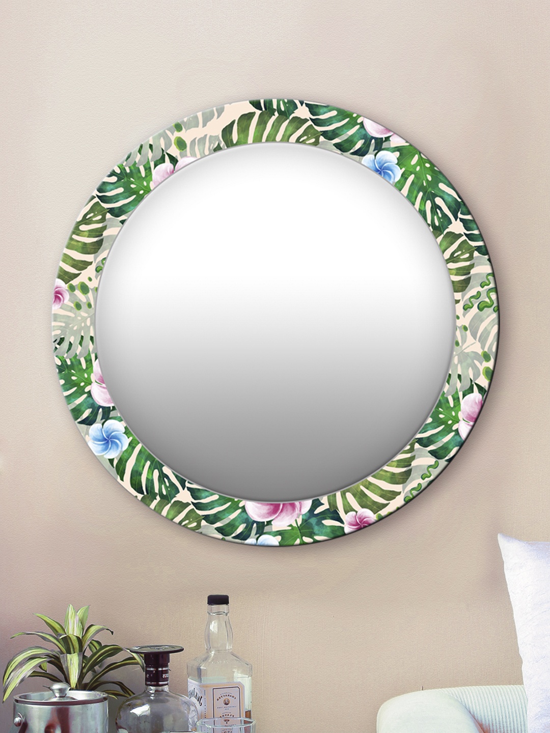 

999Store Green Leaves and Flowers Printed Wall Round Mirror