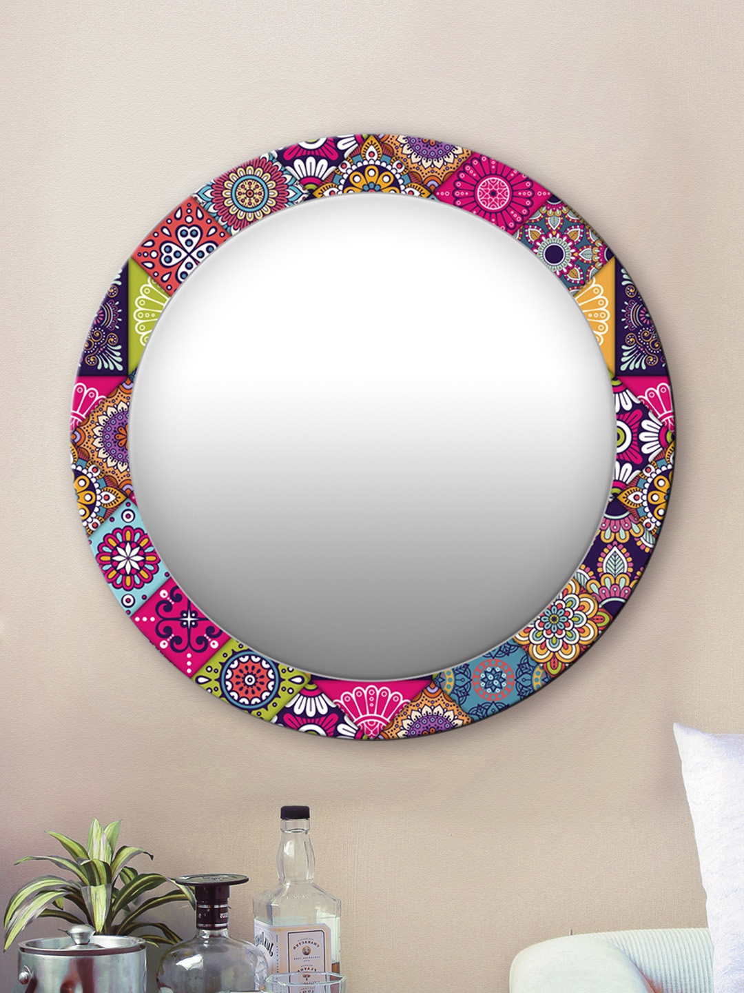 

999Store Multicoloured Floral Pattern Round MDF Wall Mirror, Multi