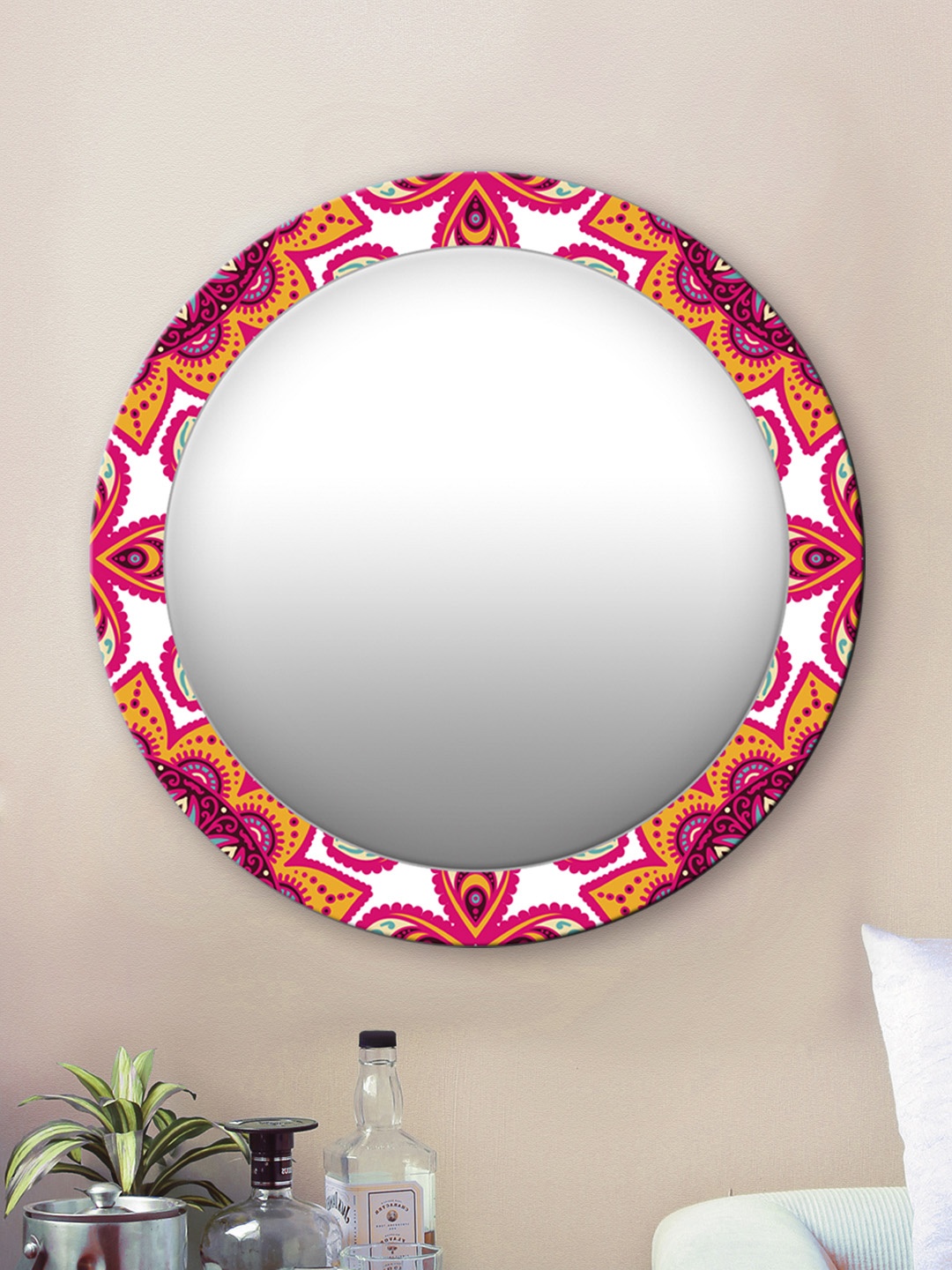 

999Store Yellow & Pink Printed Wall Mirror