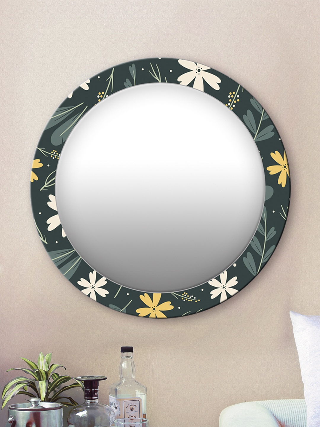 

999Store Unisex Green Floral Round Wall Mirror