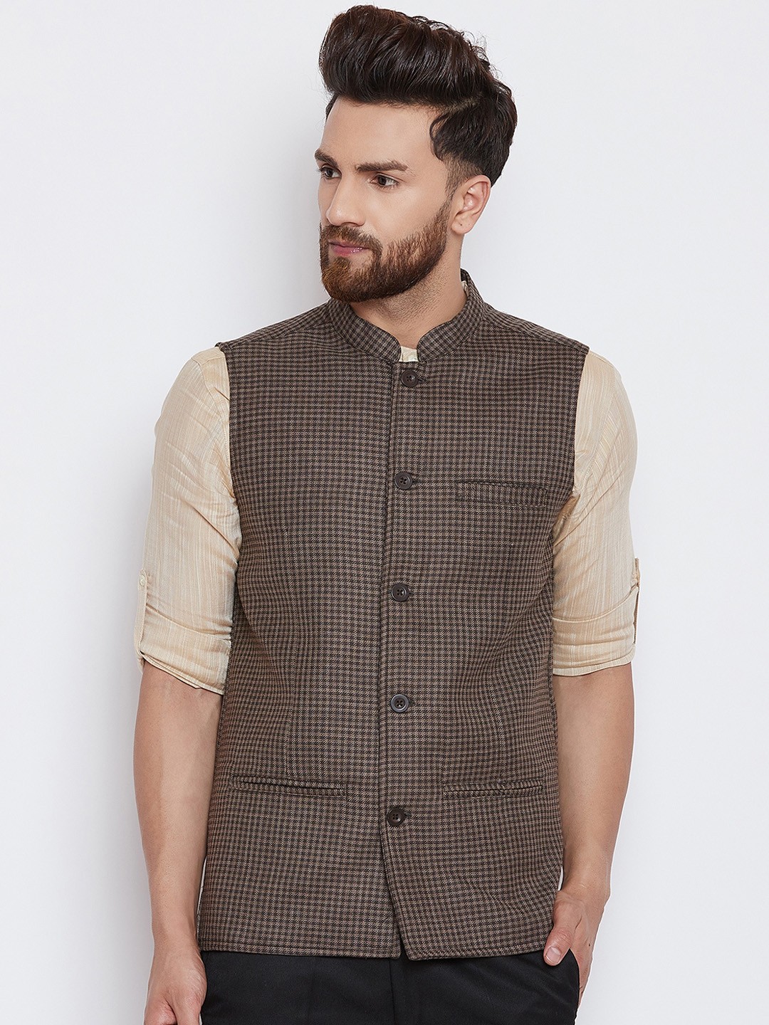 

even Men Brown Checked Woven Nehru Jacket