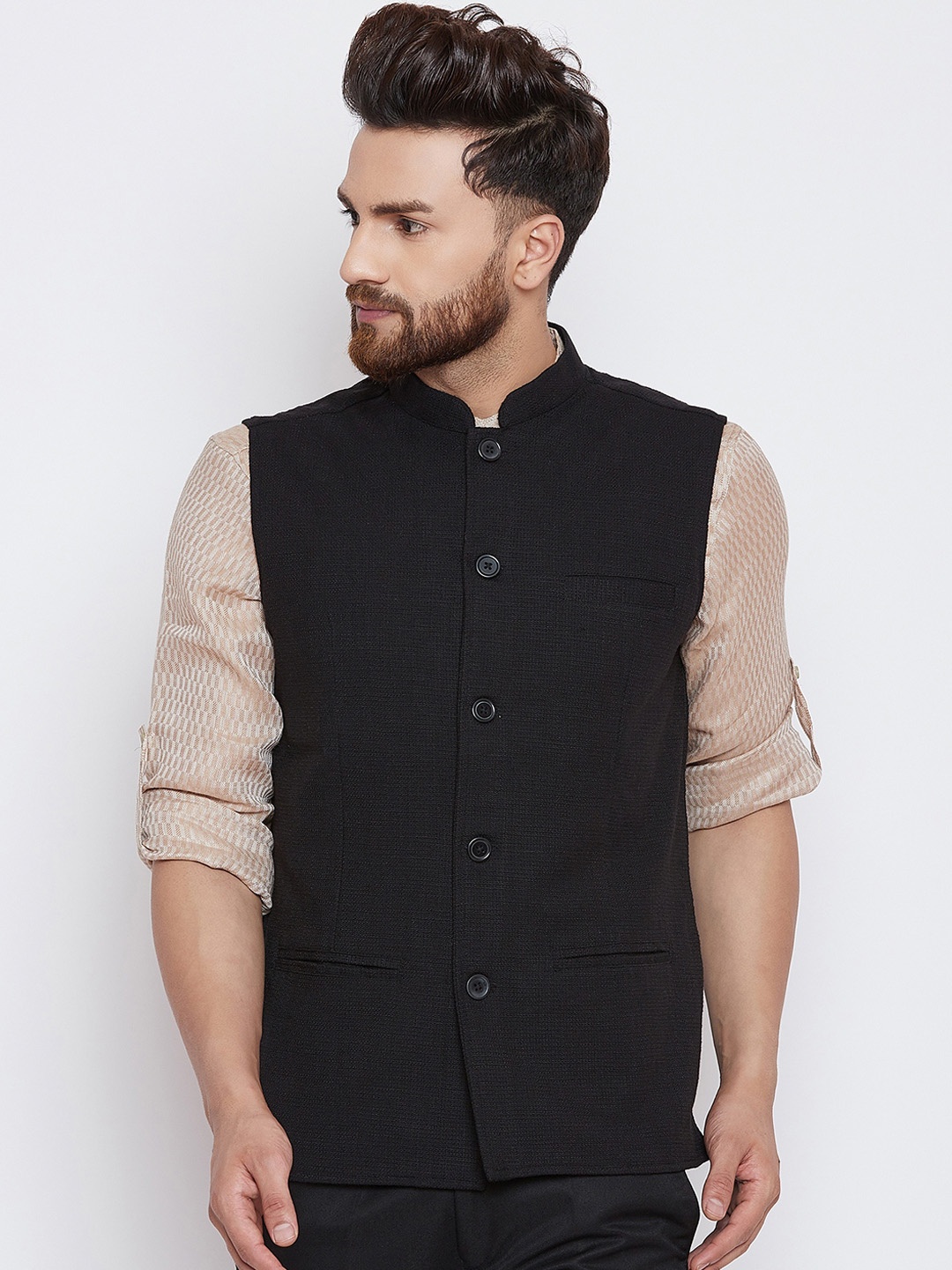 

even Men Black Solid Woven Nehru Jacket