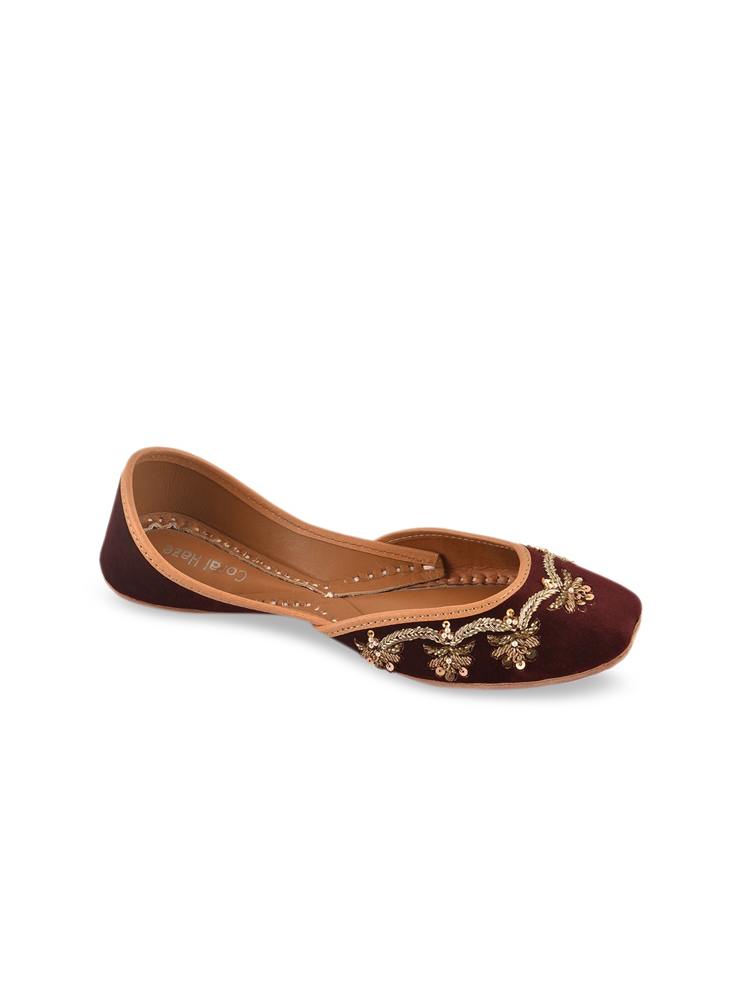 

Coral Haze Women Maroon Embroidered Velvet Mojaris