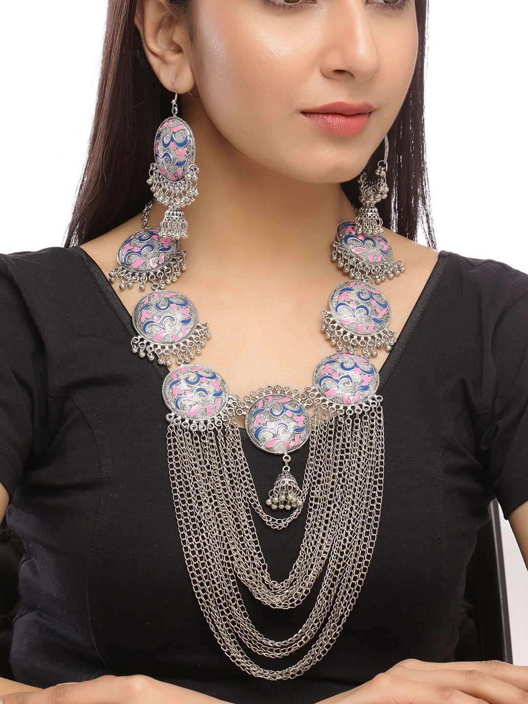 

Silvermerc Designs Women Silver-Plated, Pink & Blue Enamelled Jewellery Set