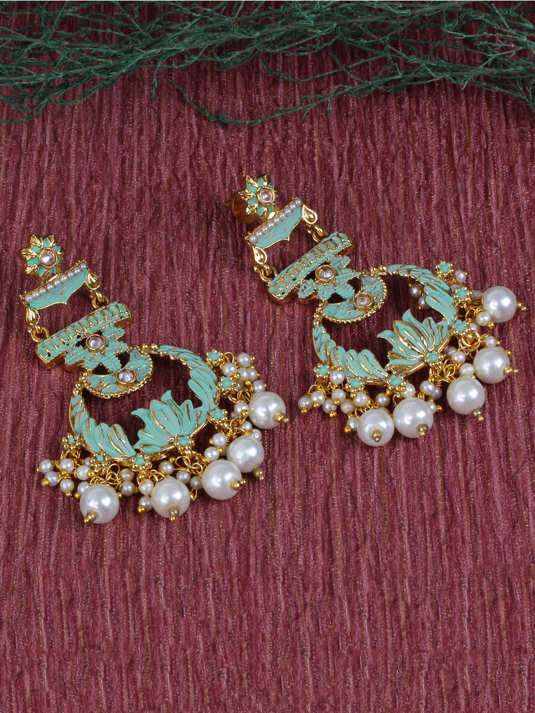 

Shining Diva Gold-Toned & Sea Green Classic Chandbalis