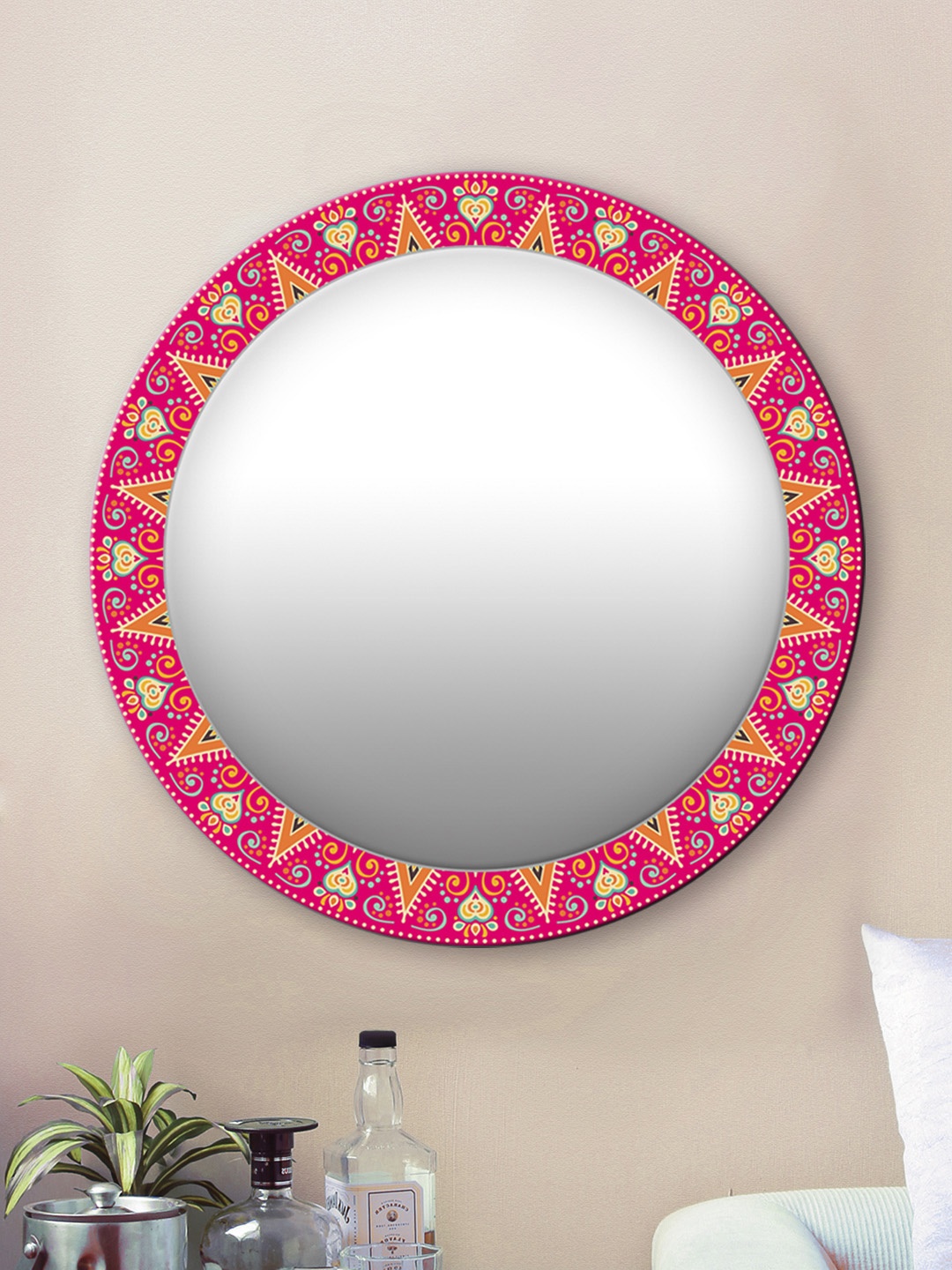 

999Store Red Leaves and Triangles Printed Wall Round Mirror, Multi