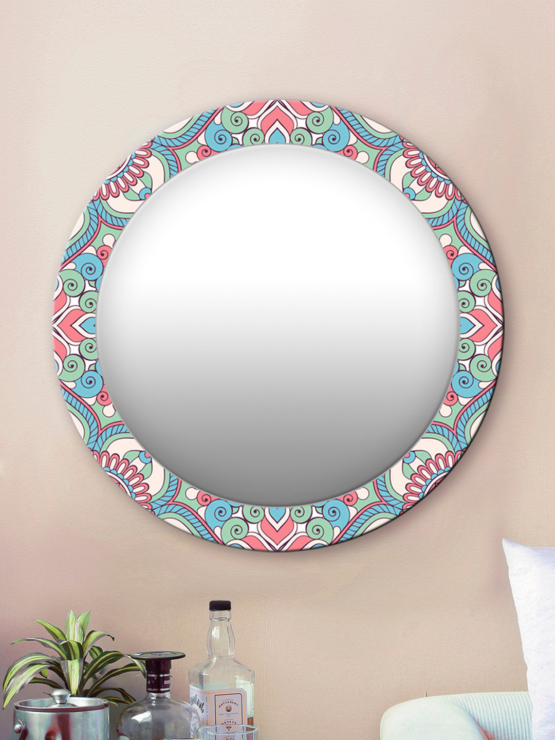 

999Store Unisex Multicolour Flowers And Leaves Round Wall Mirror, Multi