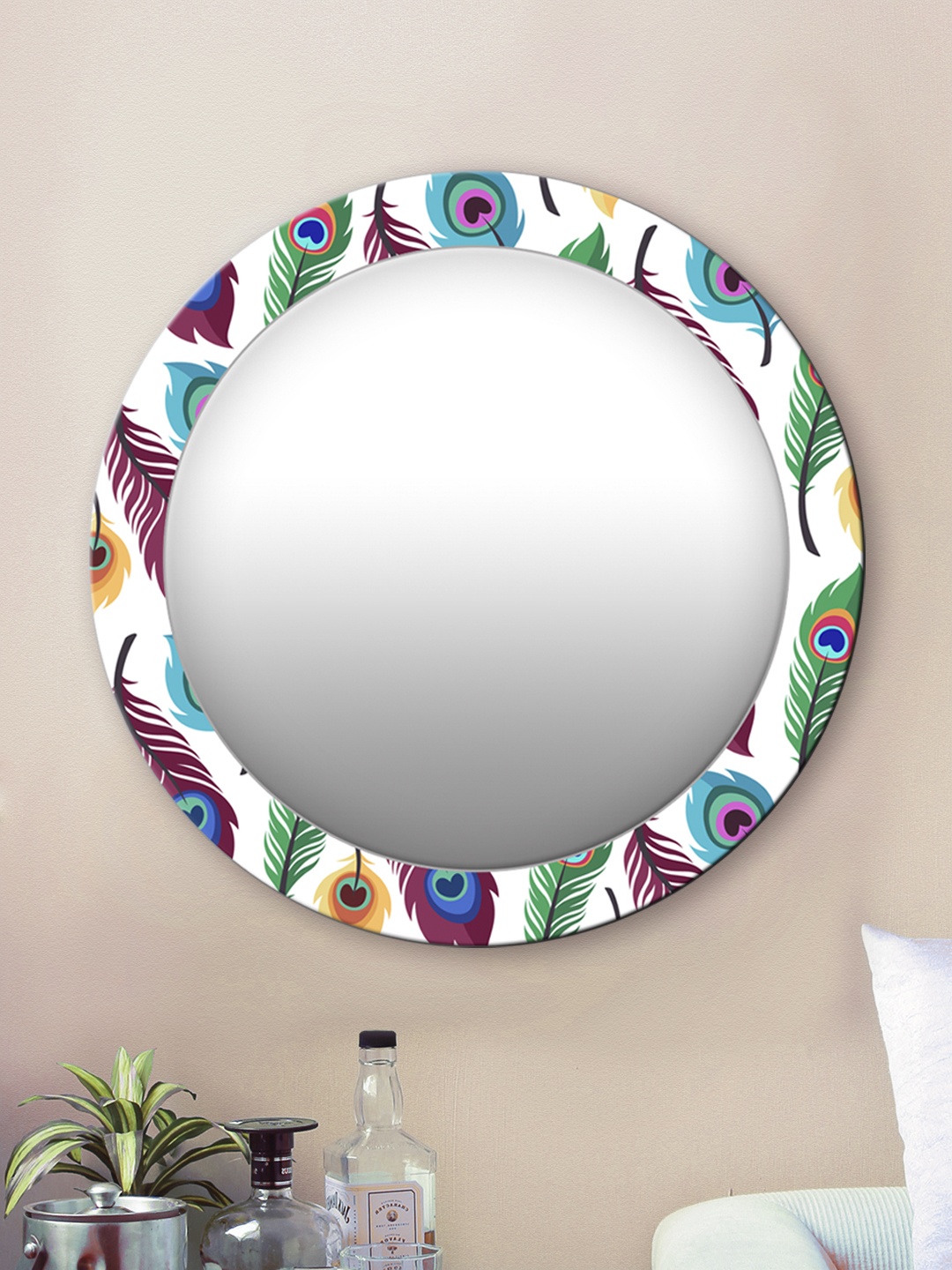 

999Store Multicoloured Peacock Feathers Round MDF Wall Mirror, Multi