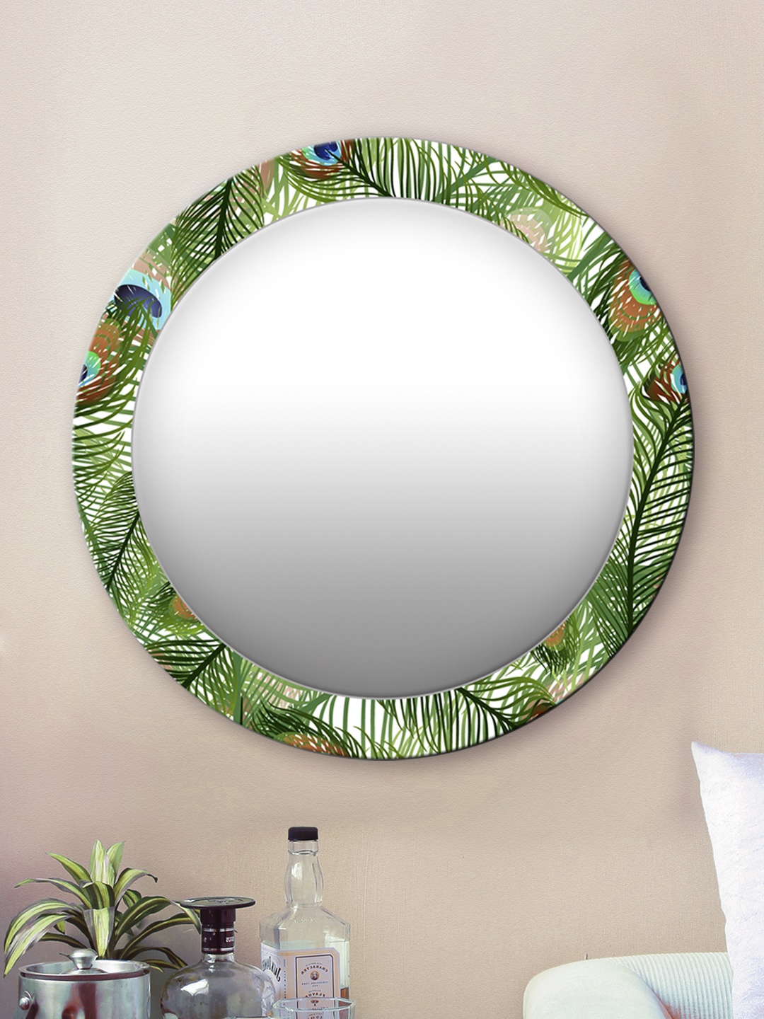 

999Store Multi-Coloured Leaves Printed Wall Round Mirror