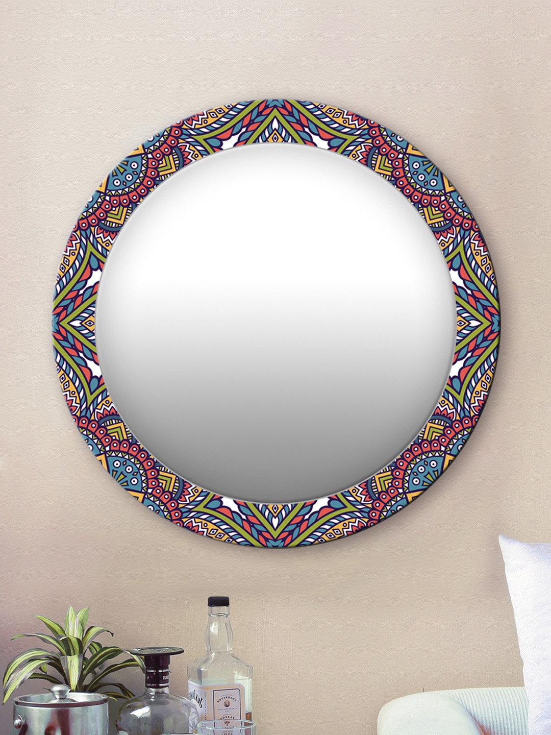 

999Store Multicoloured Abstract Pattern Round MDF Wall Mirror, Multi