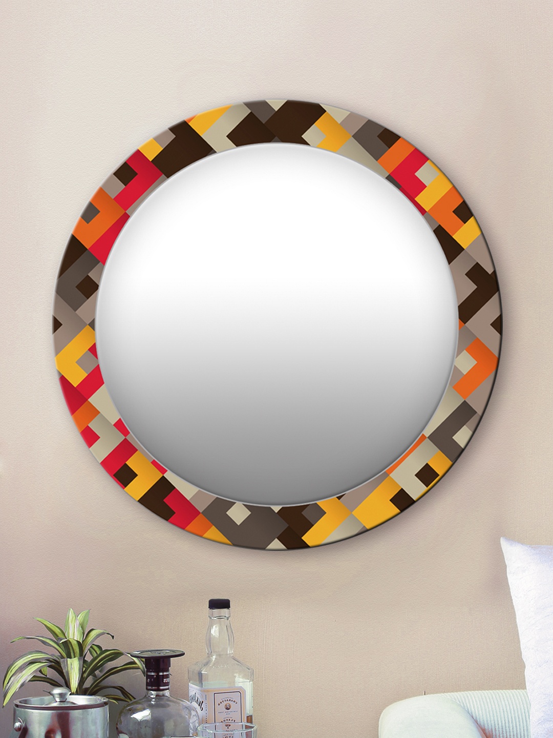 

999Store Unisex Yellow And Brown abstract Round Wall Mirror