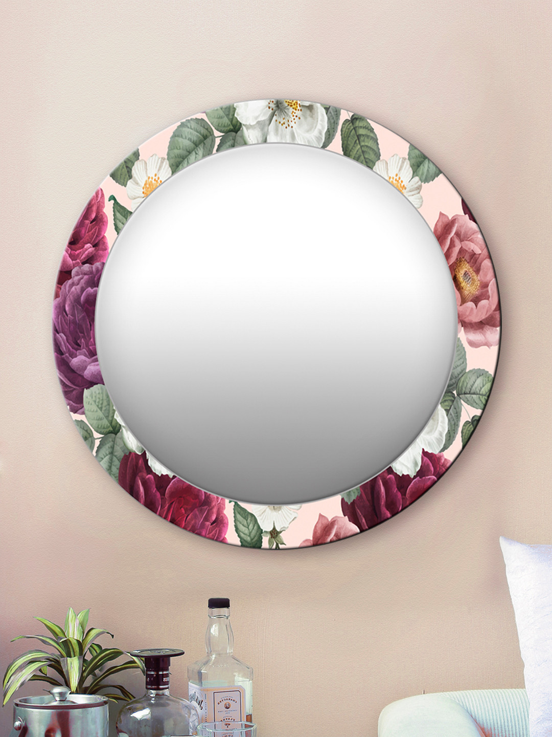 

999Store Multicoloured Floral Pattern Round MDF Wall Mirror, Multi