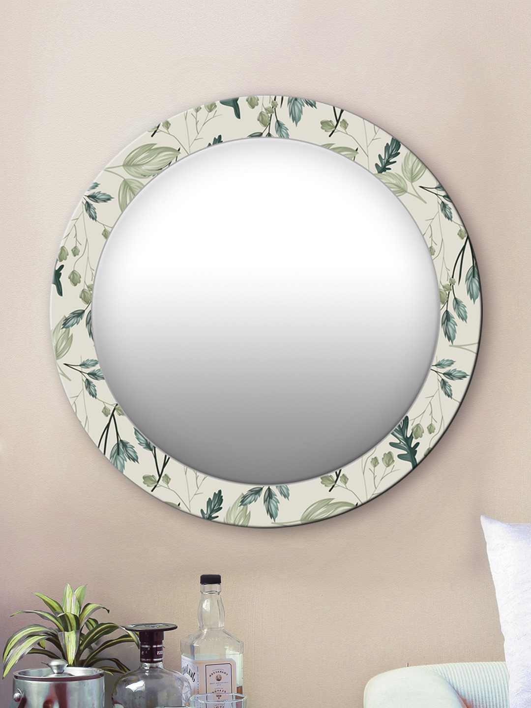 

999Store Green Leaves Printed Wall Round Mirror