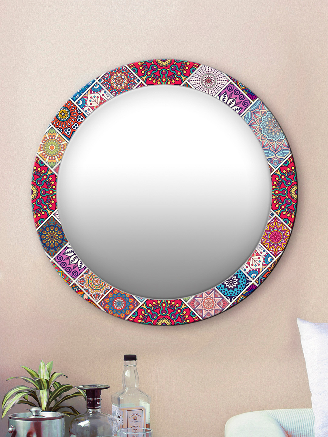 

999Store Multicoloured Floral Pattern Round MDF Wall Mirror, Multi