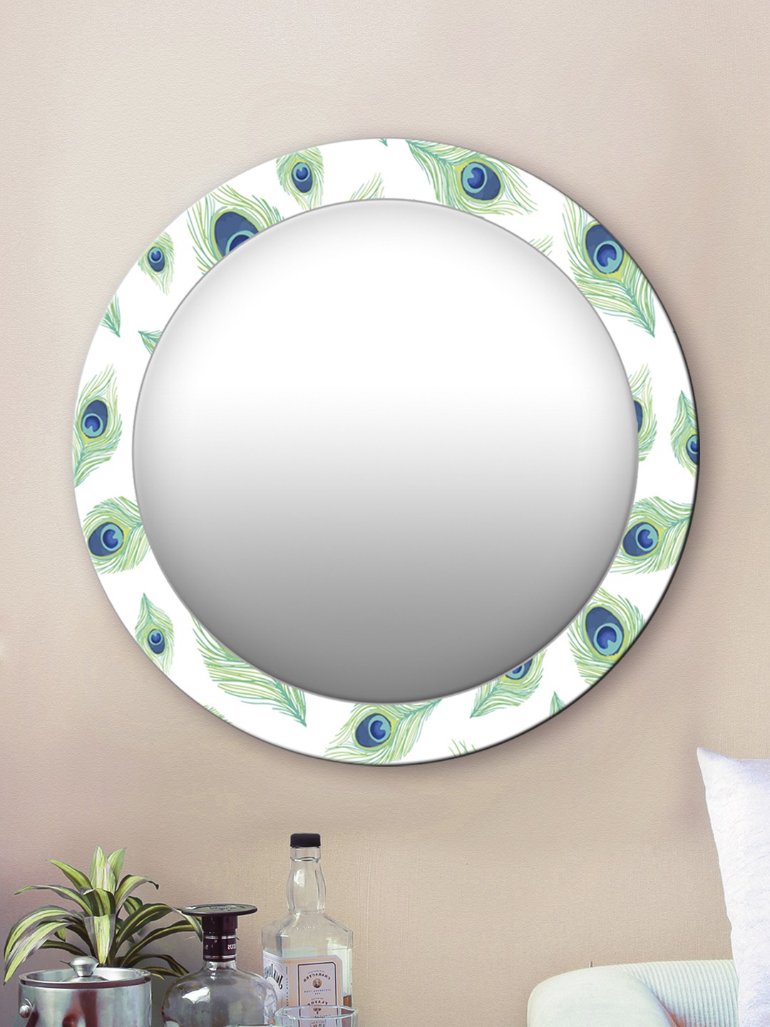 

999Store Unisex White Peacock Feathers Round Wall Mirror