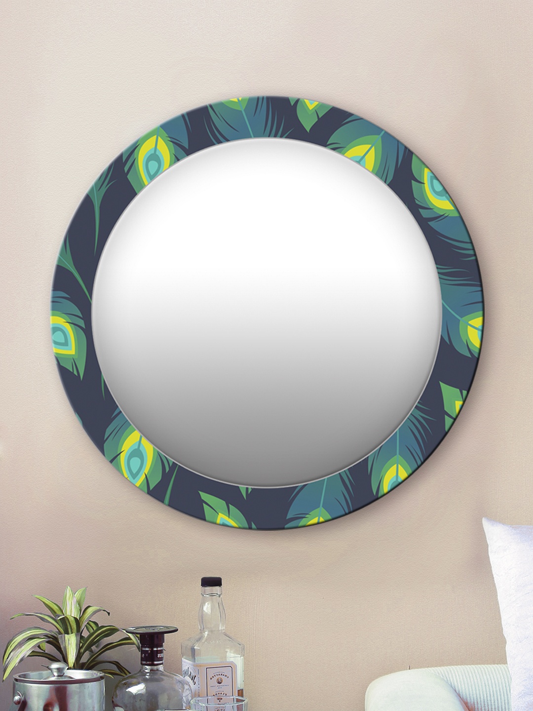 

999Store Green Peacock Feather Printed Wall Round Mirror