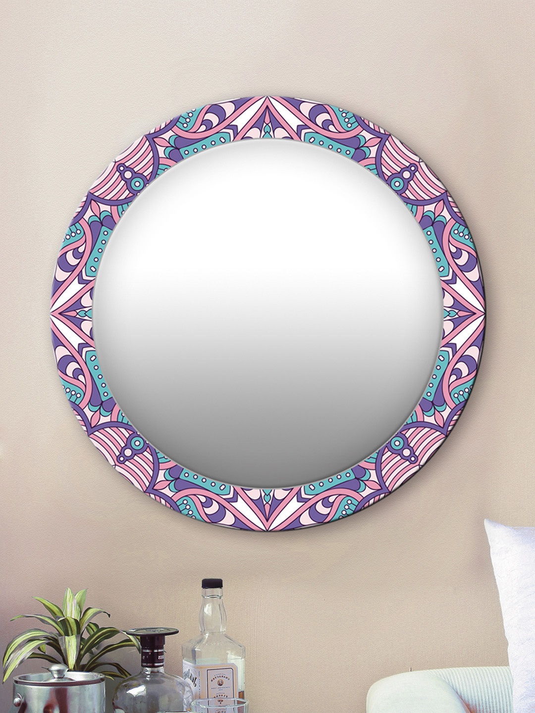 

999Store Pink Floral Pattern Printed Wall Round Mirror