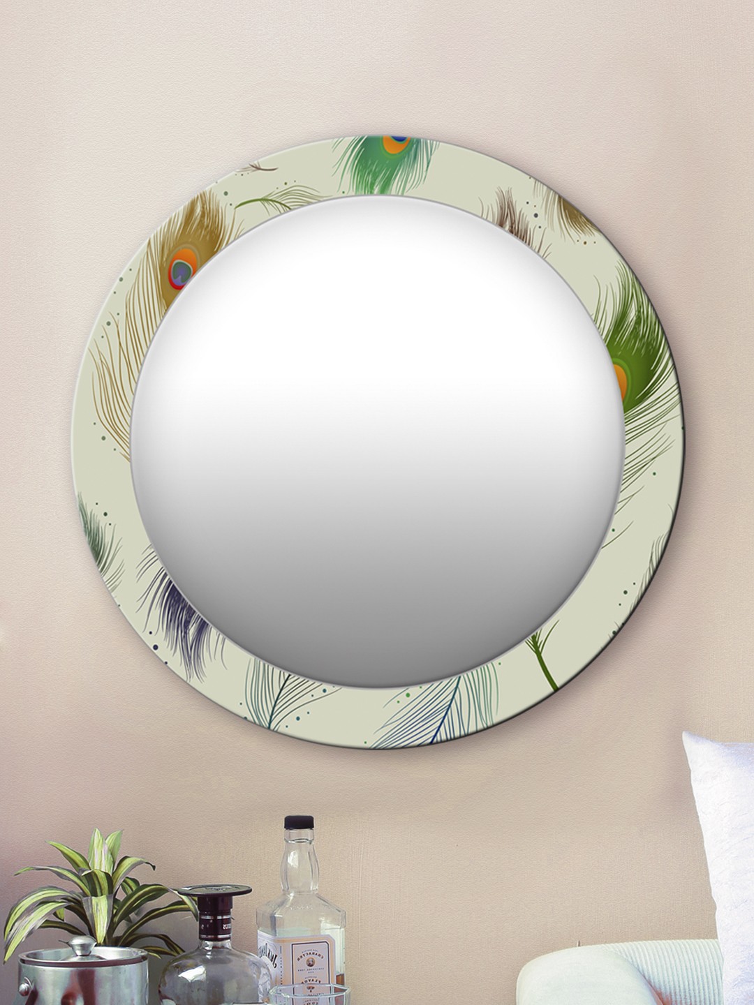 

999Store Multicoloured Peacock Feathers Round MDF Wall Mirror, Multi