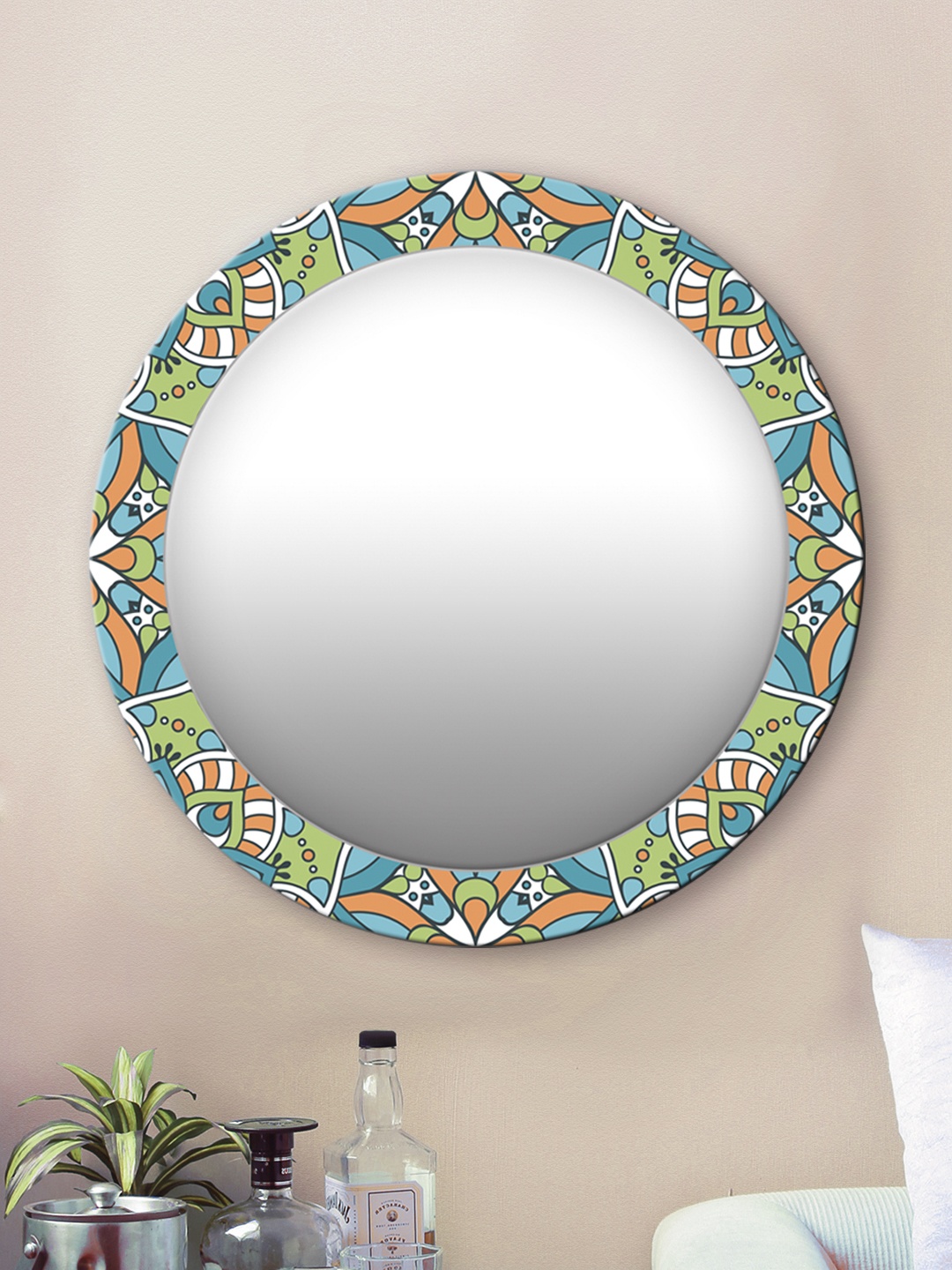 

999Store Green & Orange Printed Wall Mirror