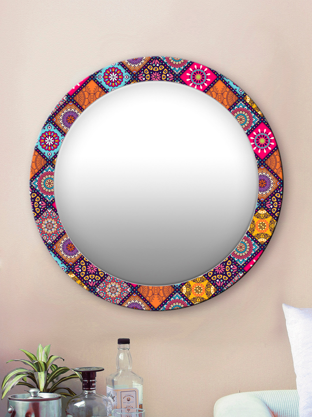 

999Store Multicoloured Floral Pattern Round MDF Wall Mirror, Multi