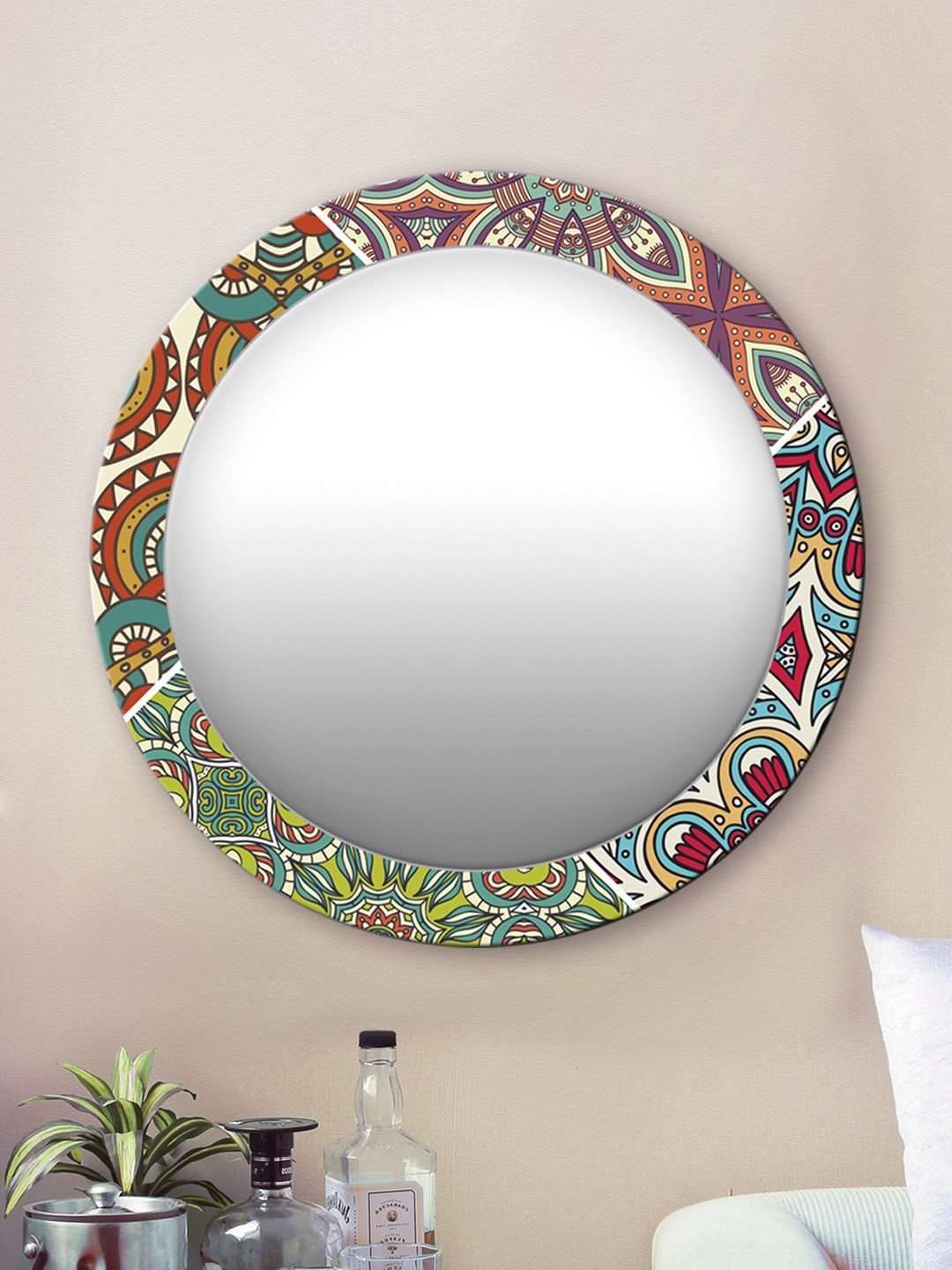 

999Store Multicoloured Floral Pattern Round MDF Wall Mirror, Green
