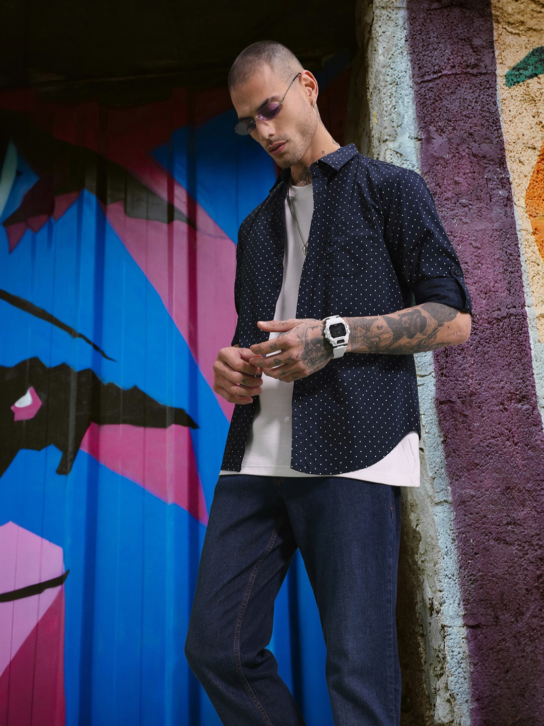 

HERE&NOW Men Navy Blue & White Slim Fit Polka Dot Casual Shirt
