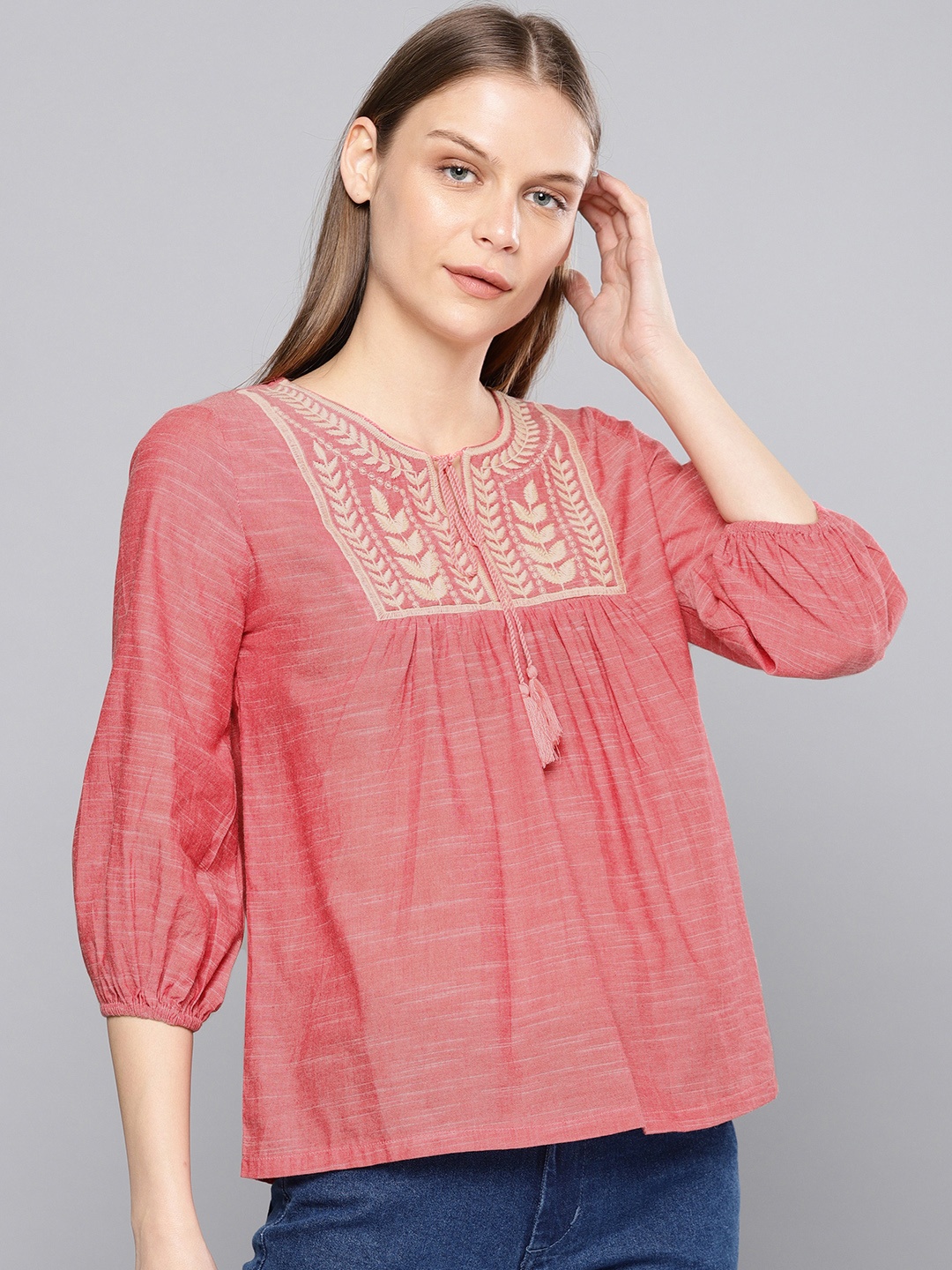 

Chemistry Women Coral Red Solid Embroidered Pure Cotton Top