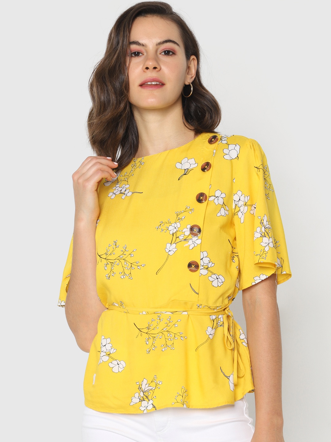 

ONLY Women Yellow Printed A-line Top