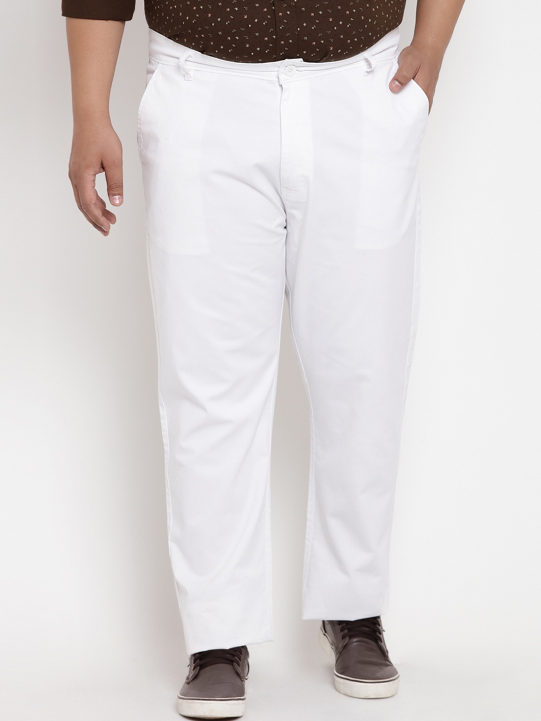 

John Pride Plus Size Men White Regular Fit Solid Regular Trousers