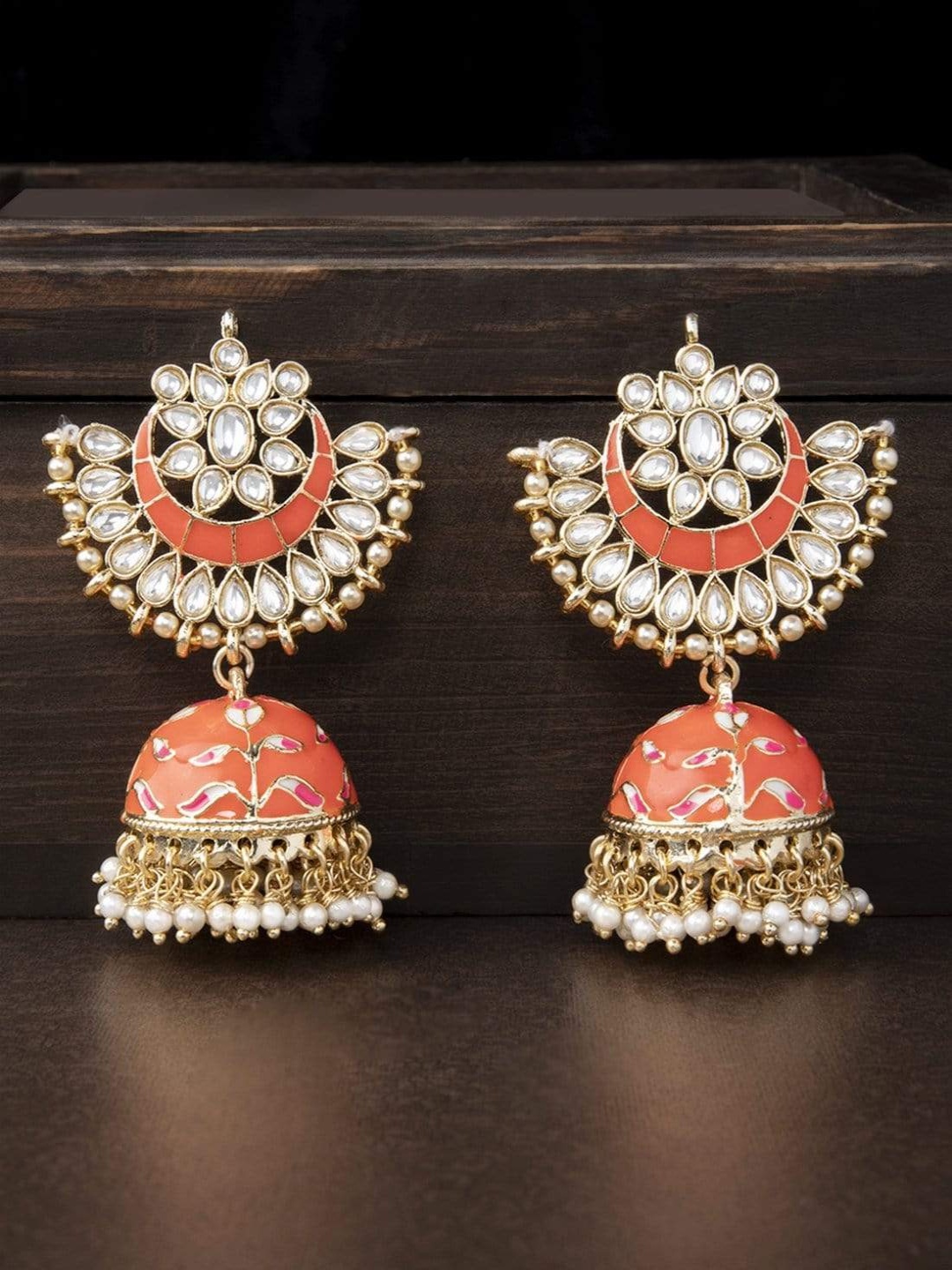 

Rubans Gold-Toned & Orange Enamelled Dome-Shaped Jhumkas