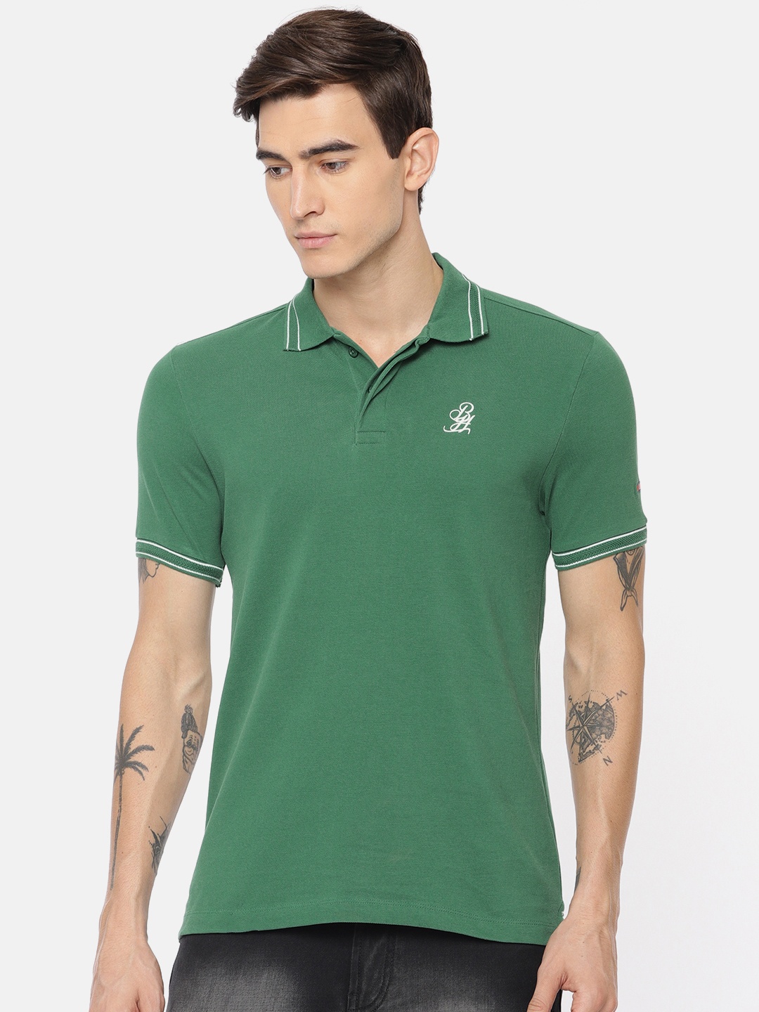 

Being Human Clothing Men Green Solid Polo Collar Pure Cotton T-shirt