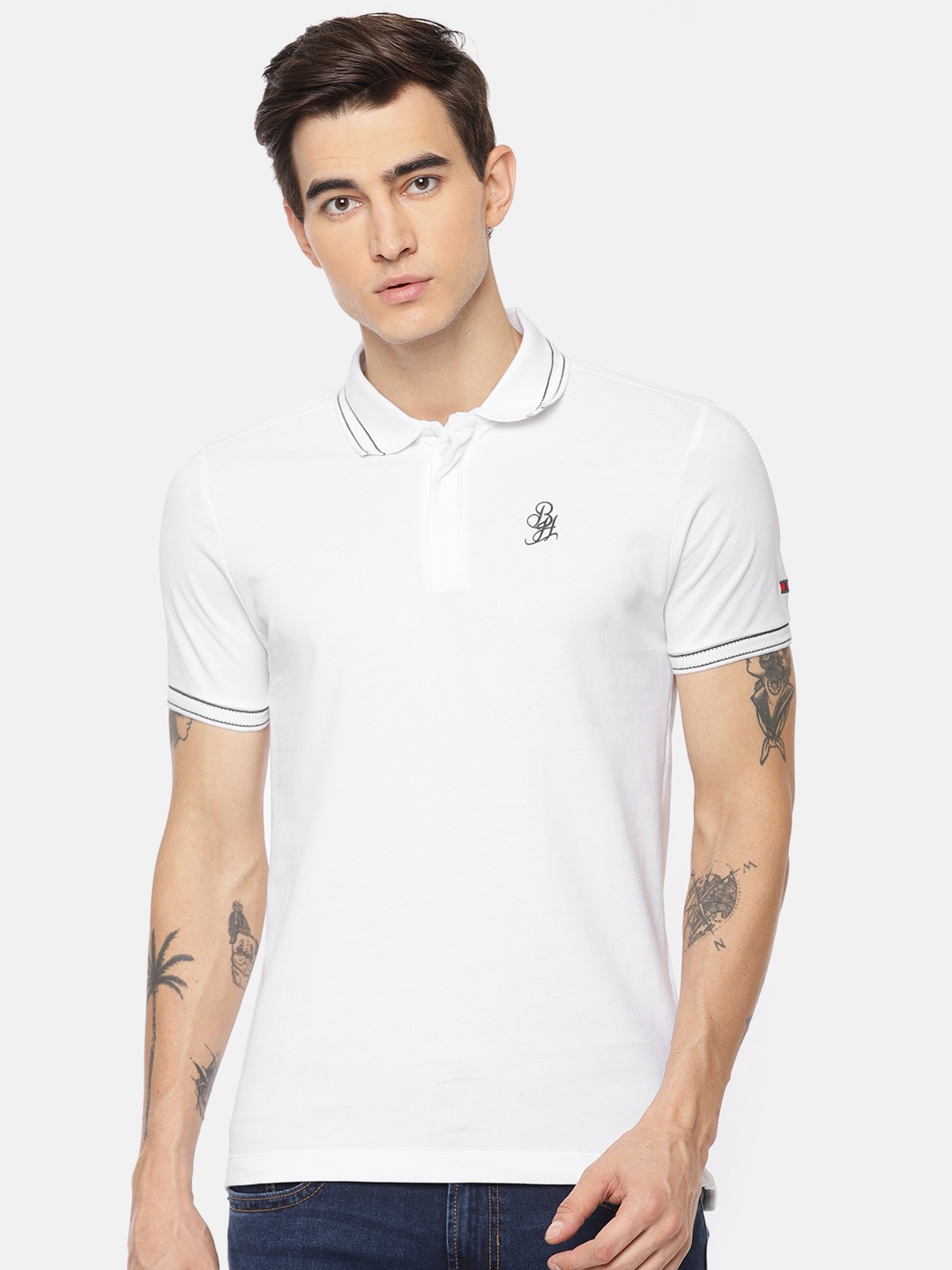 

Being Human Men White Solid Polo Collar Pure Cotton T-shirt
