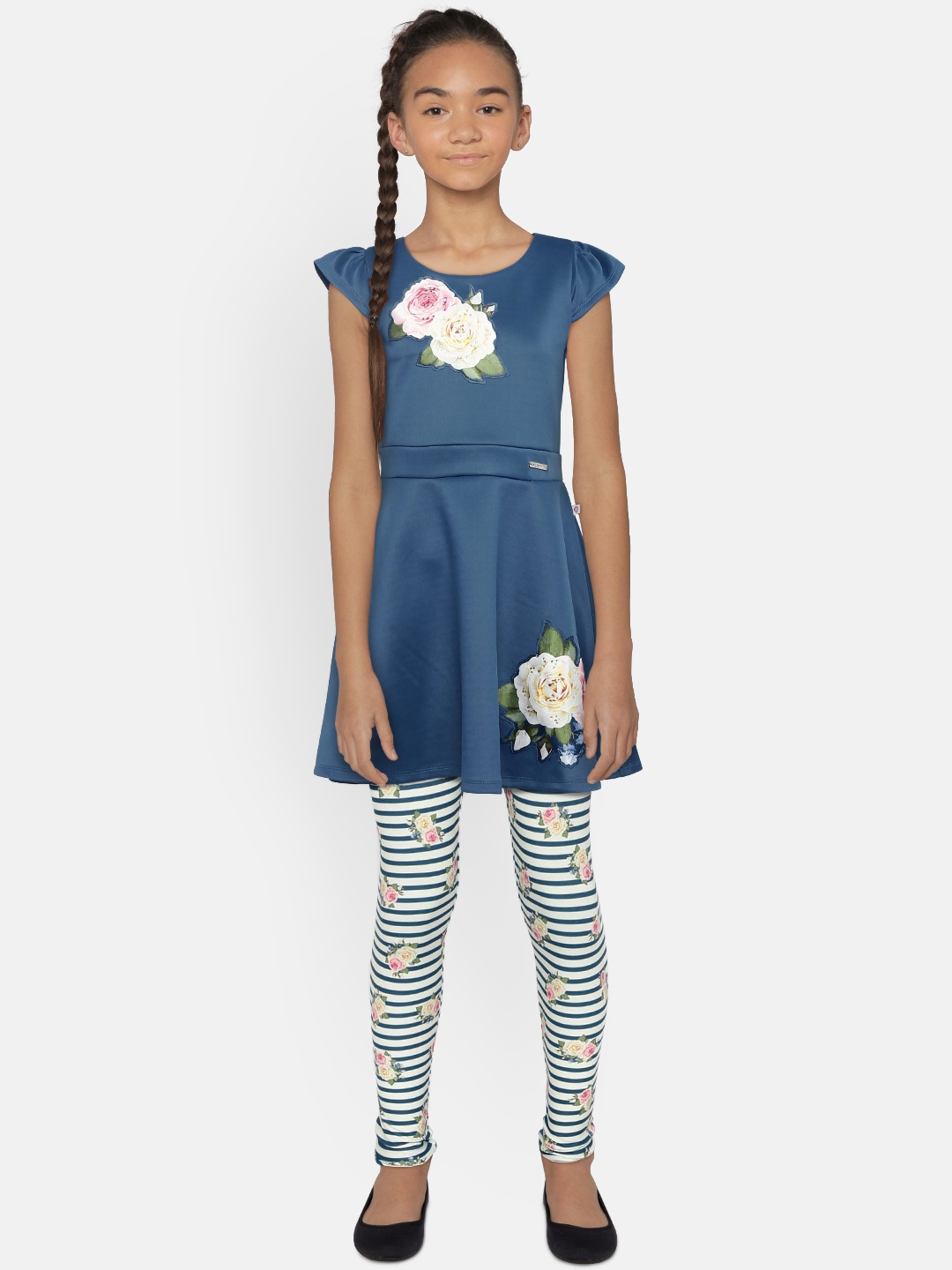 

Peppermint Girls Blue Printed Fit and Flare Dress with Leggings