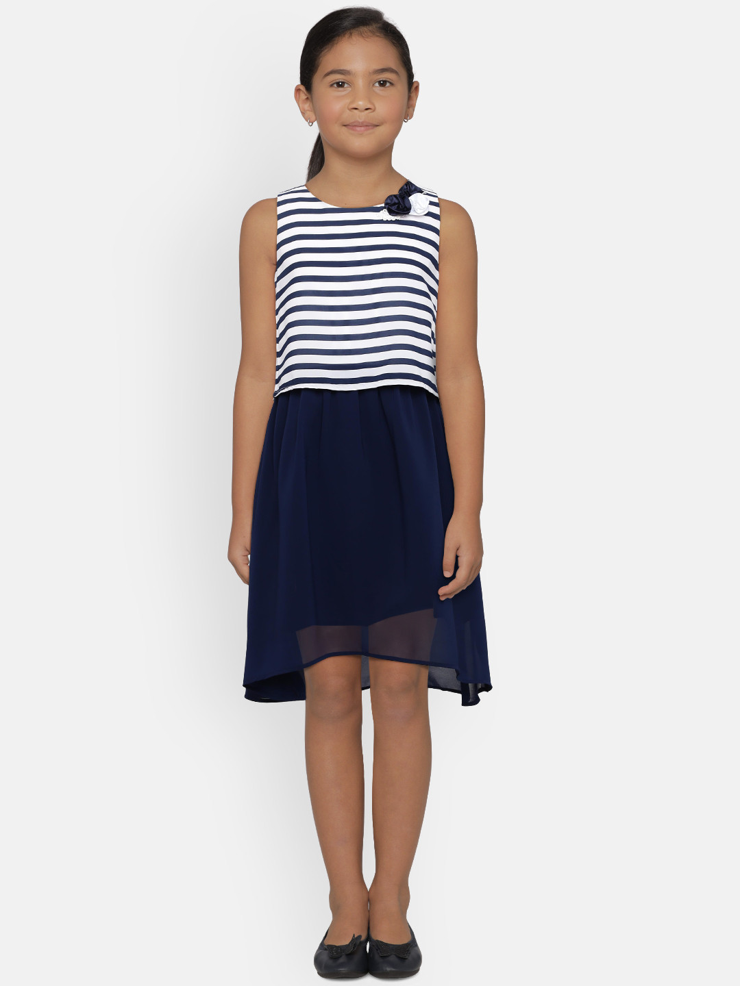 

Peppermint Girls Navy Blue & White Striped Fit and Flare Dress