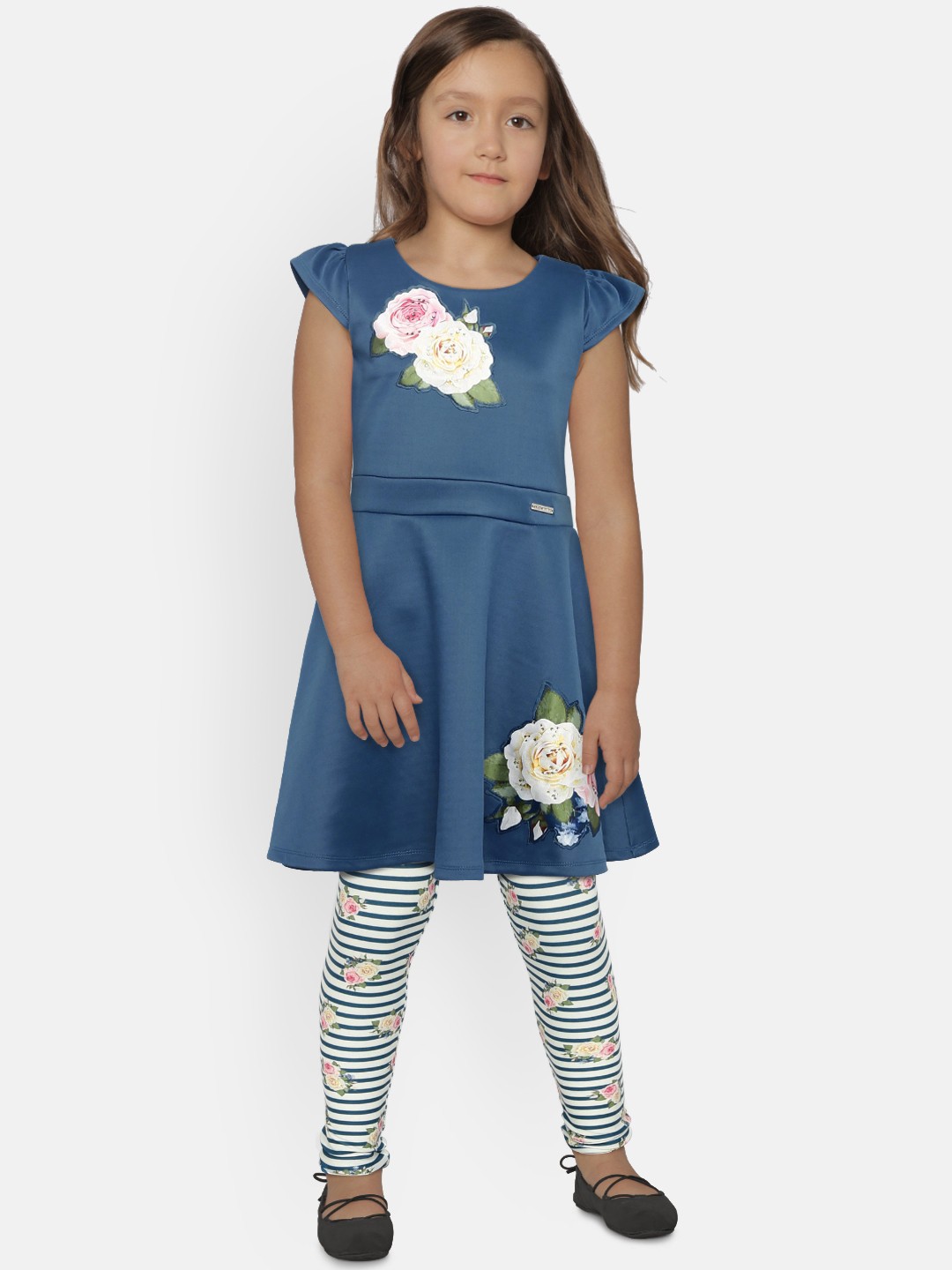 

Peppermint Girls Blue Printed Fit and Flare Dress with Leggings