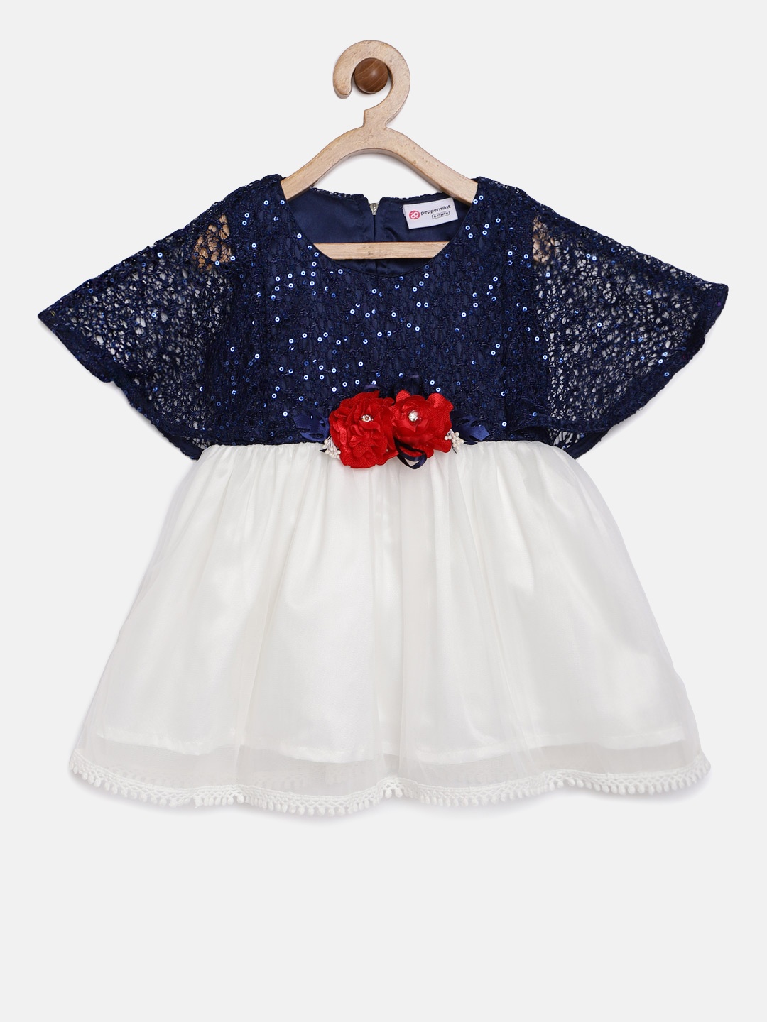 

Peppermint Girls Navy Blue & White Embellished Fit and Flare Dress