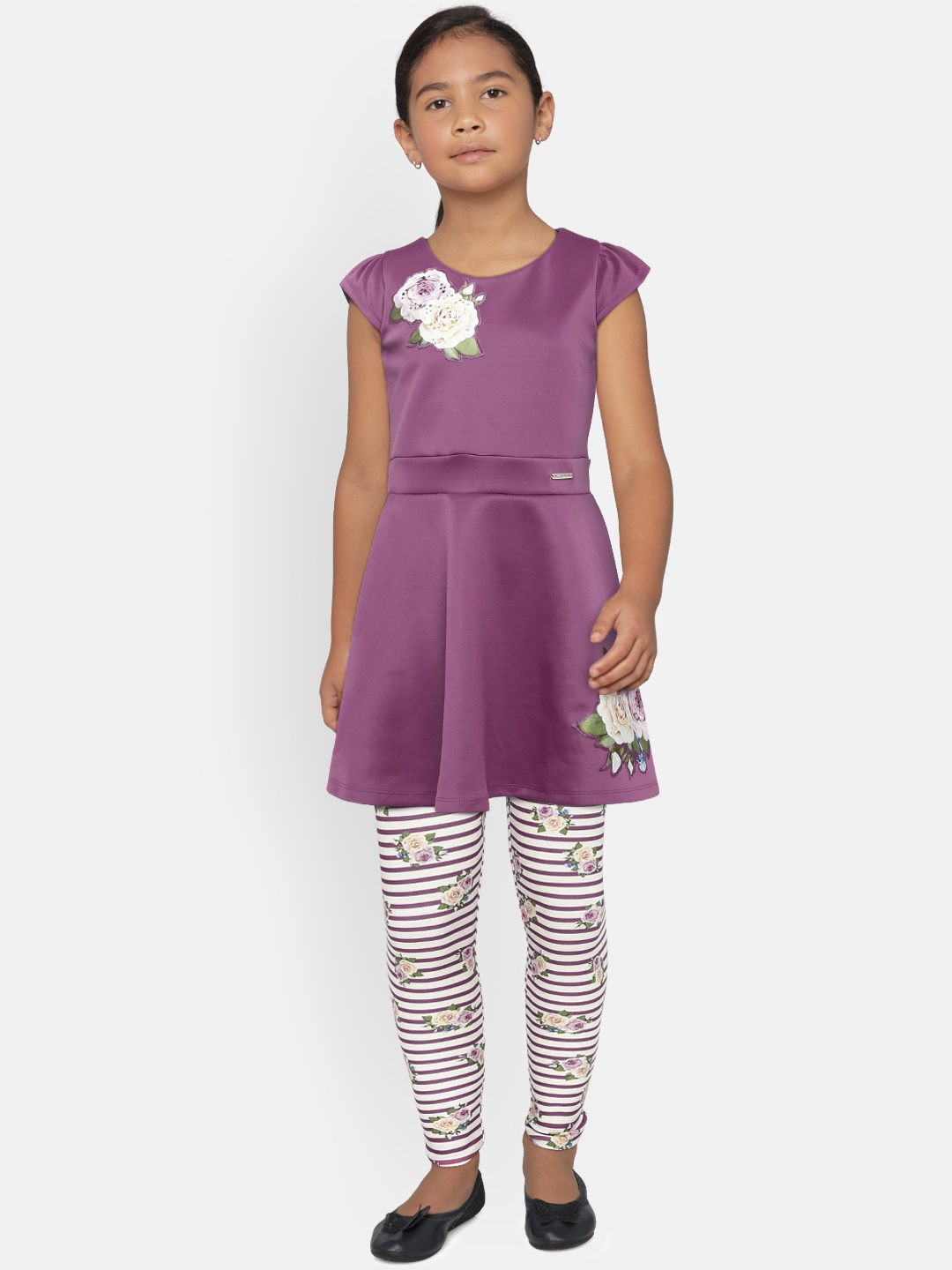

Peppermint Girls Mauve Printed Fit and Flare Dress with Leggings