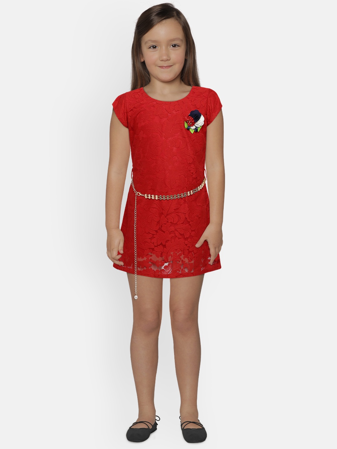 

Peppermint Girls Red Self Design Fit and Flare Dress