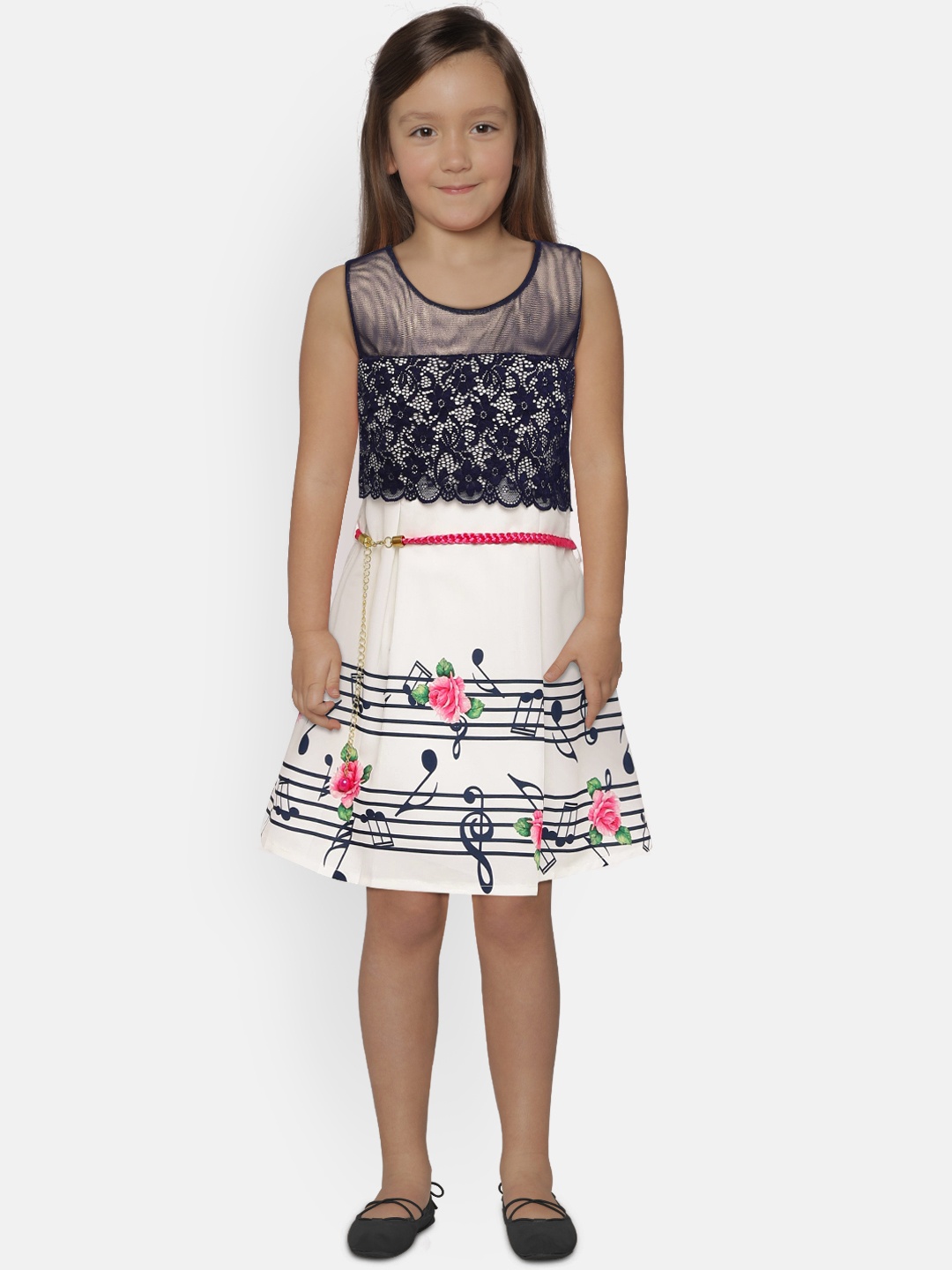 

Peppermint Girls Off-White & Navy Blue Fit and Flare Dress