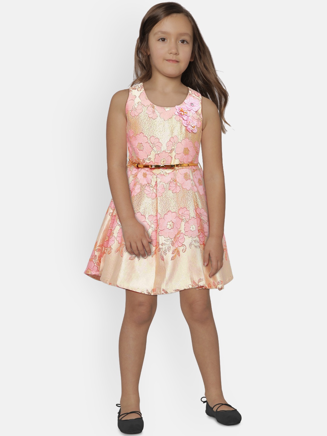 

Peppermint Girls Beige & Pink Self Design Fit and Flare Dress