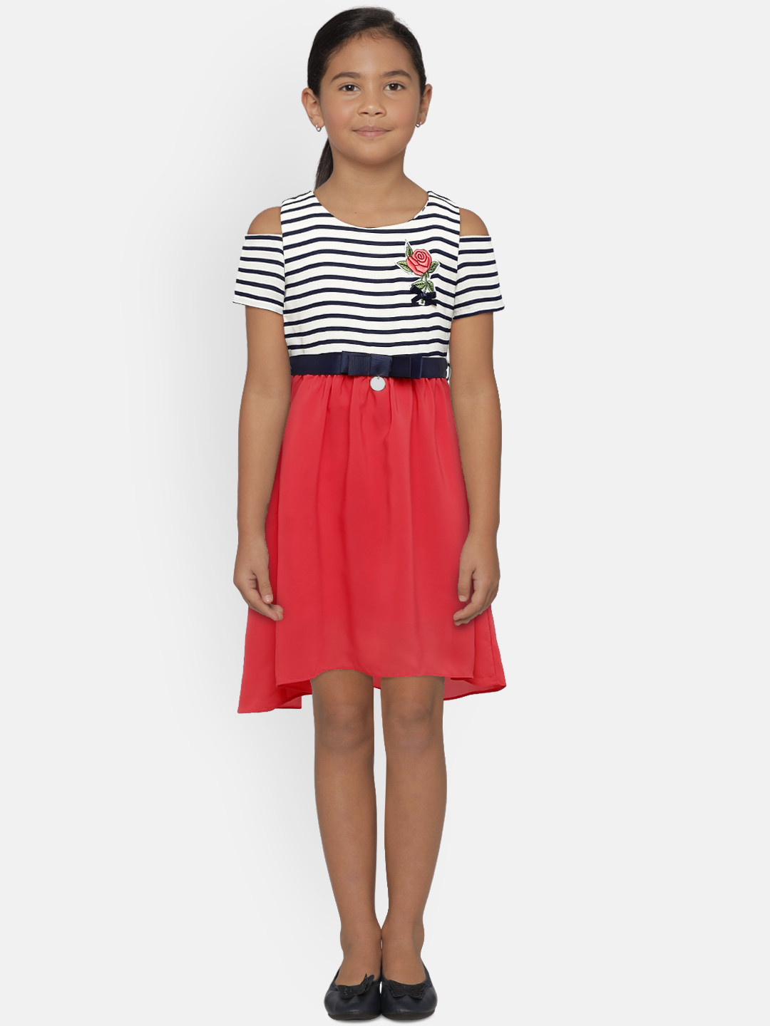 

Peppermint Girls Peach-Coloured & Off-White Striped Fit and Flare Dress