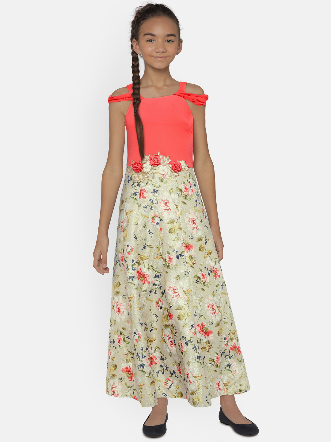 

Peppermint Girls Peach-Coloured Printed Fit and Flare Maxi Dress
