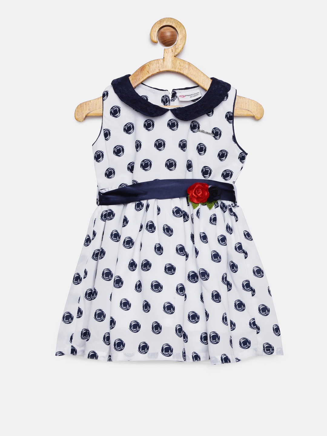 

Peppermint Girls White & Navy Blue Printed Fit and Flare Dress