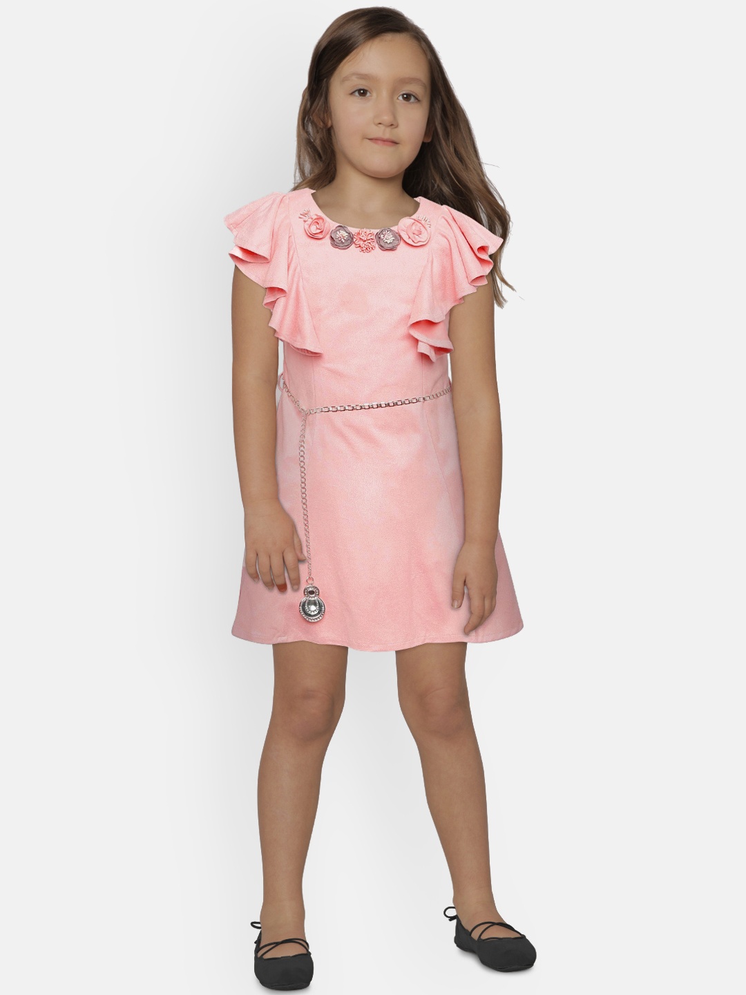 

Peppermint Girls Peach-Coloured Solid A-line Dress, Pink