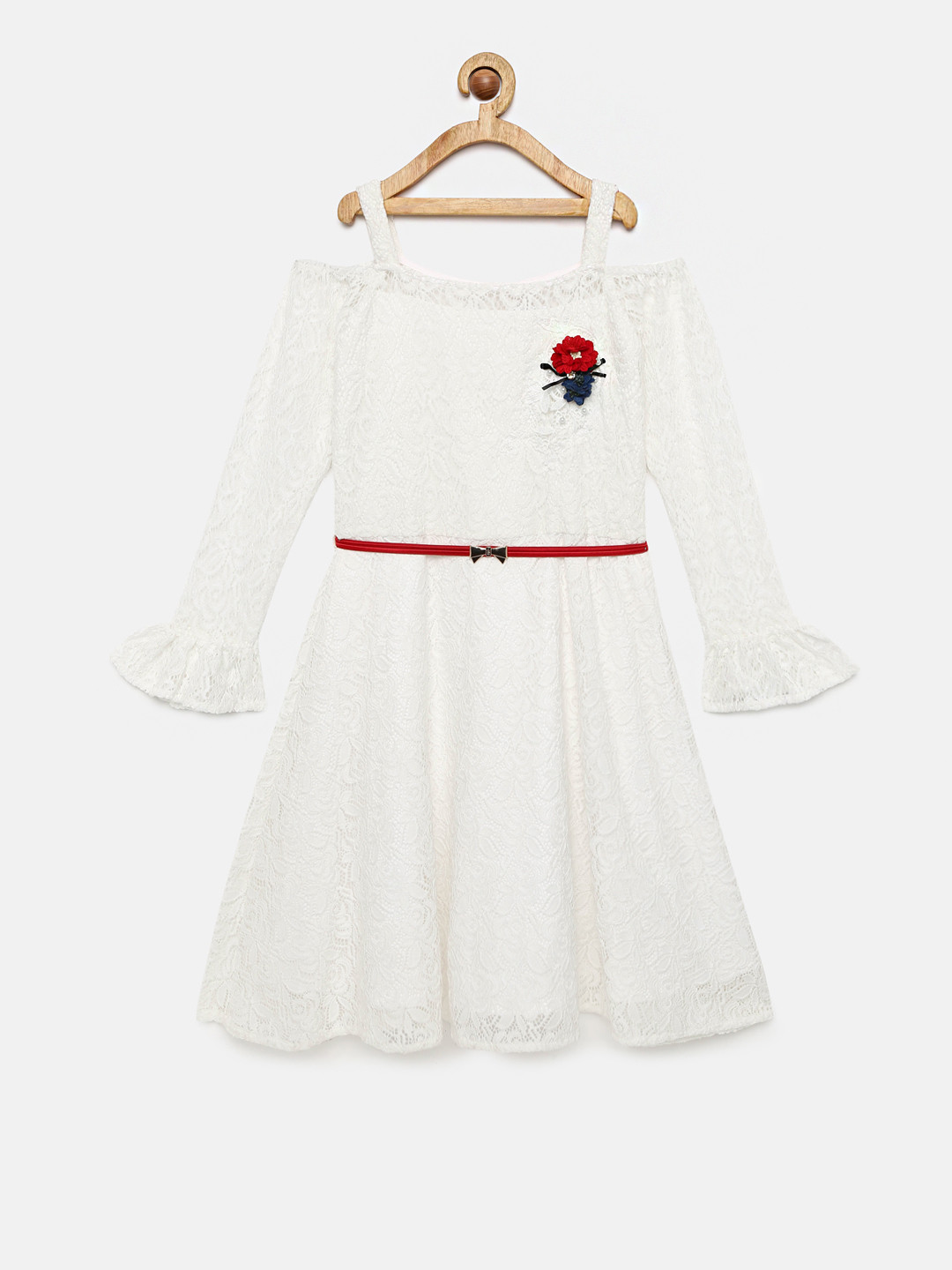 

Peppermint Girls White Self Design Fit and Flare Dress