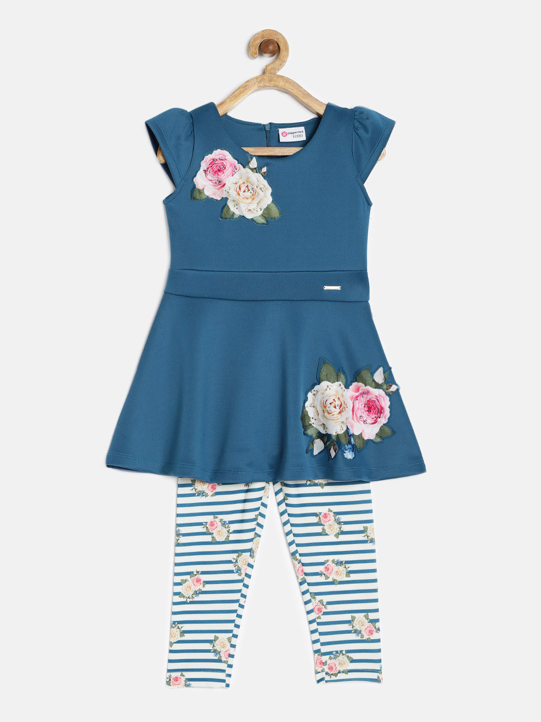 

Peppermint Girls Teal Blue Self-Design Fit and Flare Dress