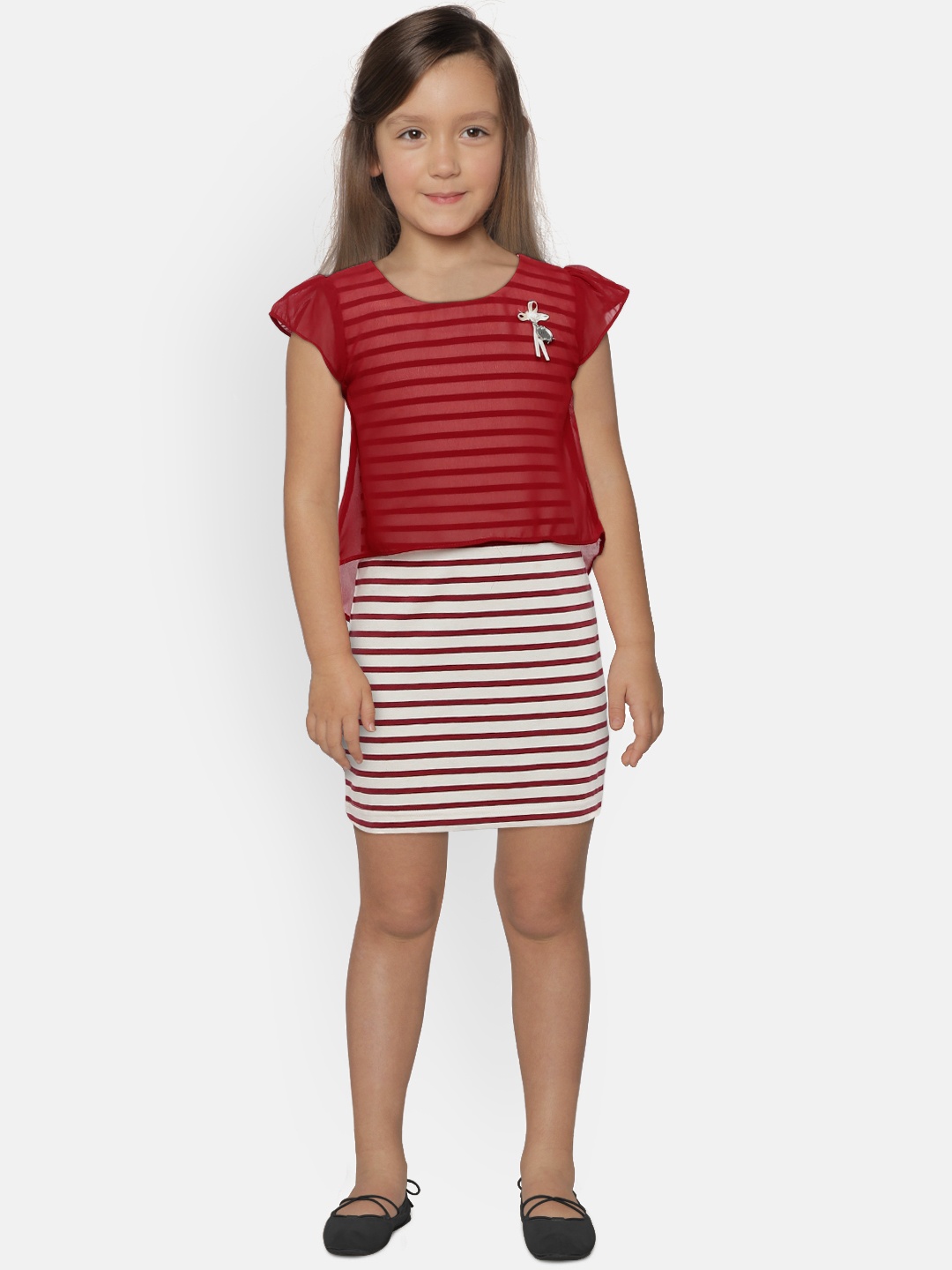 

Peppermint Girls Maroon & Off-White Striped Layered Sheath Dress