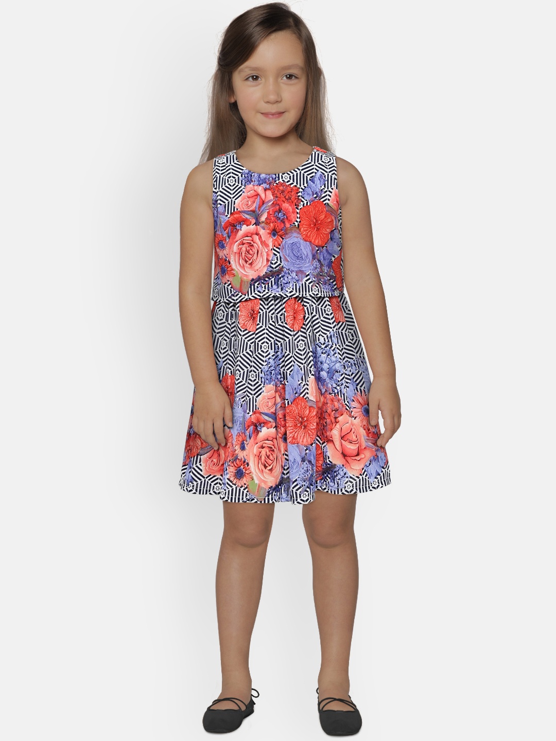 

Peppermint Girls Navy Blue & Red Printed Fit and Flare Dress