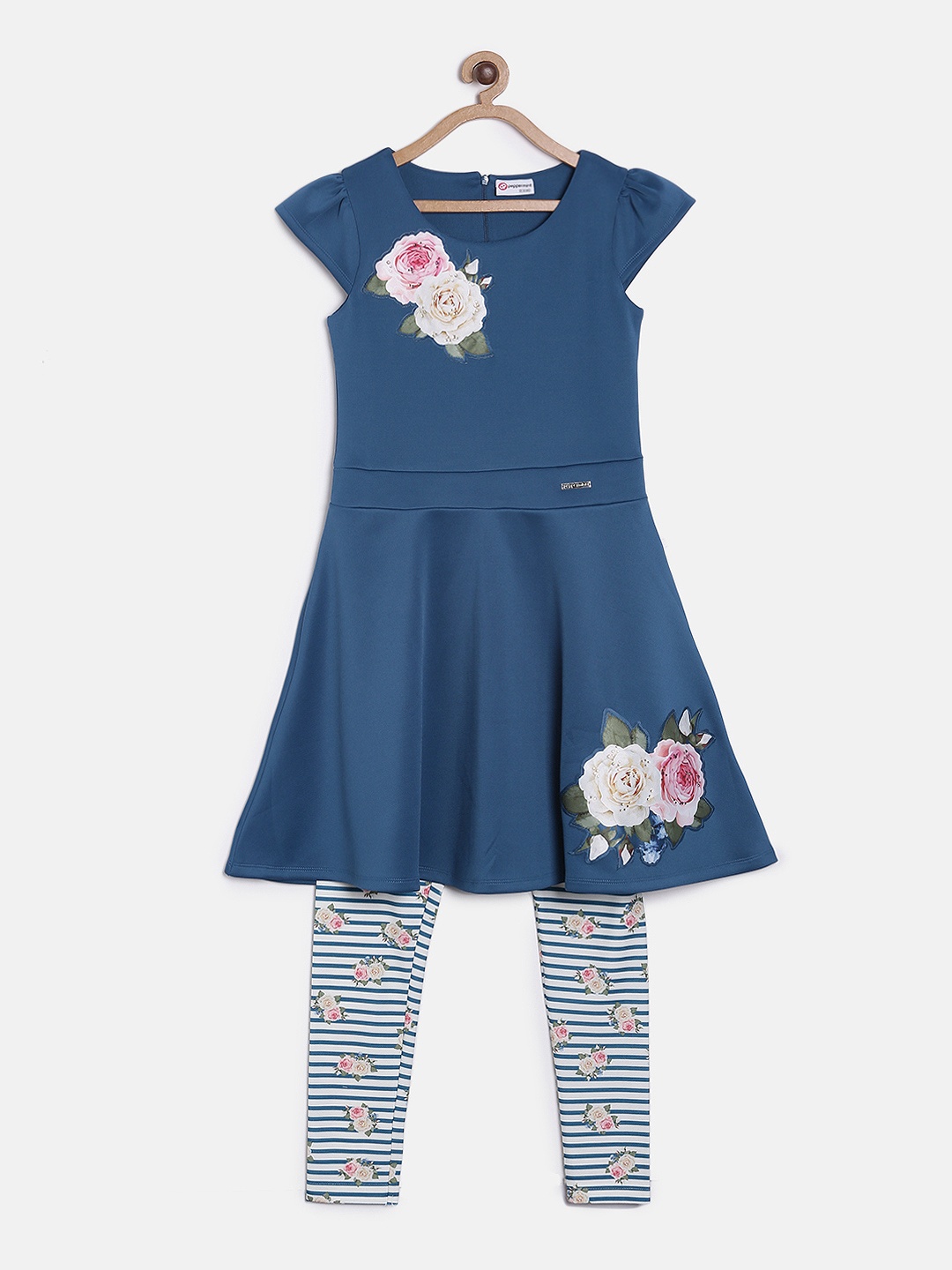 

Peppermint Girls Blue Printed Fit and Flare Dress with Leggings